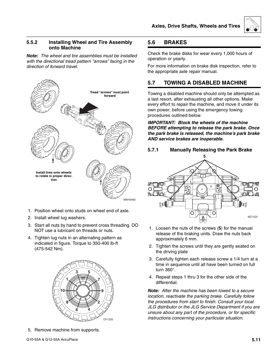 2 installing wheel and tire assembly onto machine, 6 brakes, 7 towing a disabled machine | 1 manually releasing the park brake, Brakes, Towing a disabled machine, Installing wheel and tire assembly onto machine, Manually releasing the park brake | JLG G12-55A AccuPlace Service Manual User Manual | Page 65 / 230