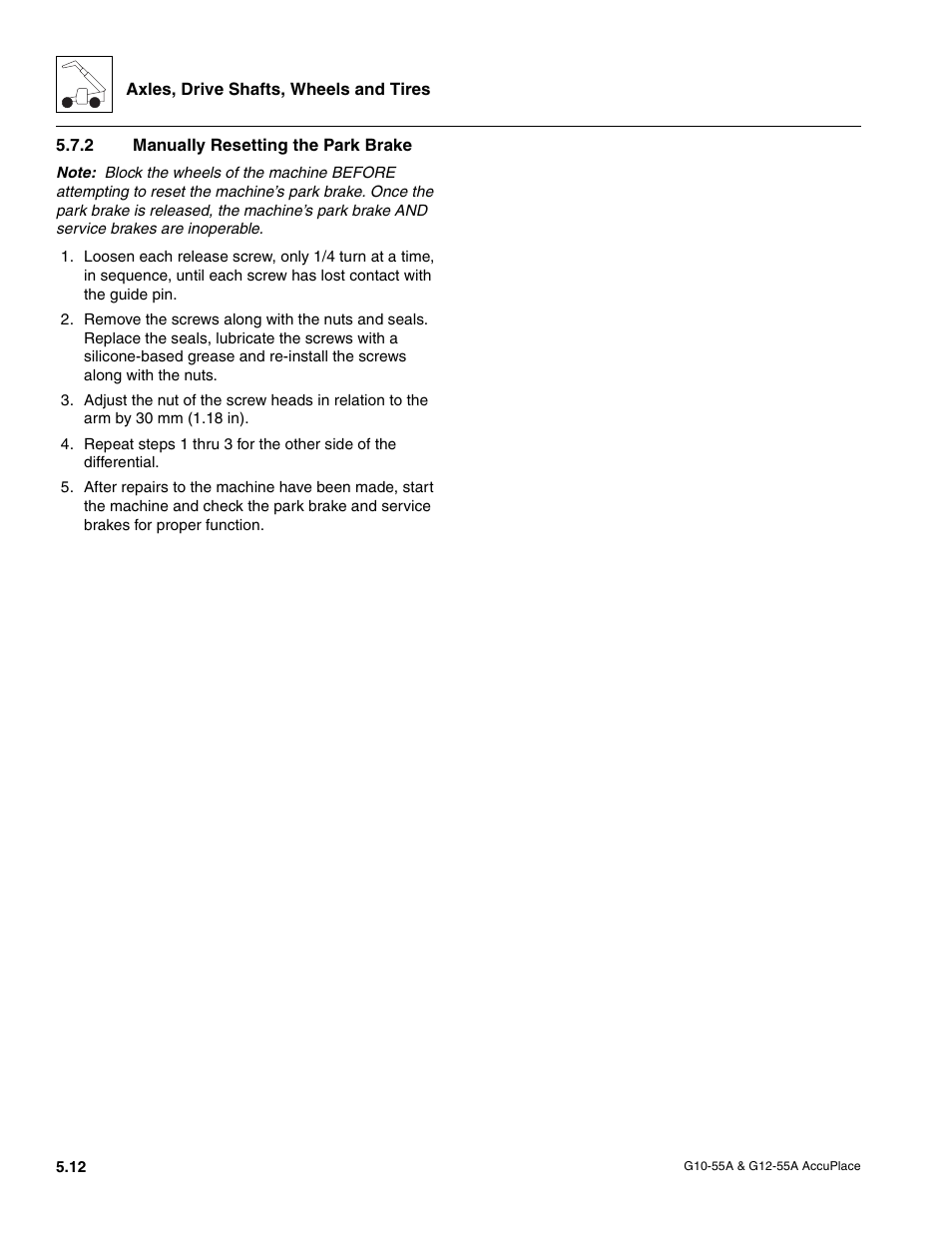 2 manually resetting the park brake, Manually resetting the park brake | JLG G12-55A AccuPlace Service Manual User Manual | Page 66 / 230