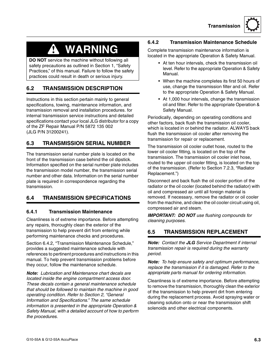 2 transmission description, 3 transmission serial number, 4 transmission specifications | 1 transmission maintenance, 2 transmission maintenance schedule, 5 transmission replacement, Transmission description, Transmission serial number, Transmission specifications, Transmission replacement | JLG G12-55A AccuPlace Service Manual User Manual | Page 69 / 230