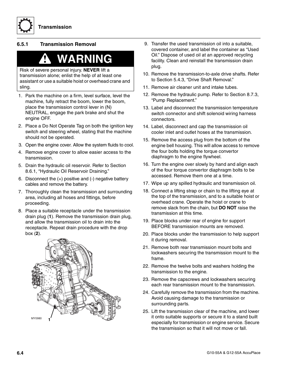 1 transmission removal, Transmission removal, Warning | JLG G12-55A AccuPlace Service Manual User Manual | Page 70 / 230