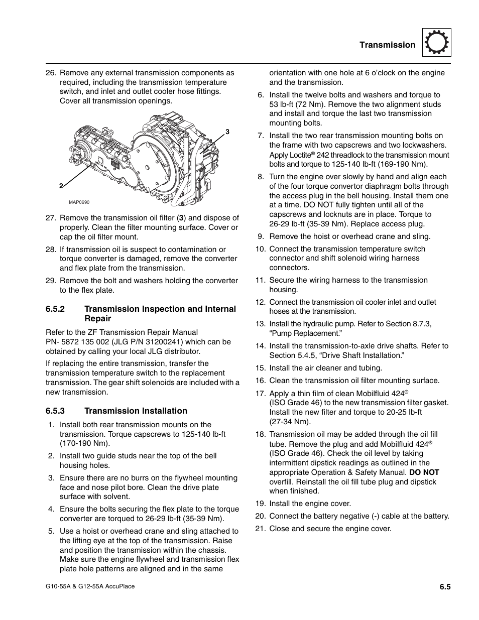 2 transmission inspection and internal repair, 3 transmission installation, Transmission inspection and internal repair | Transmission installation | JLG G12-55A AccuPlace Service Manual User Manual | Page 71 / 230