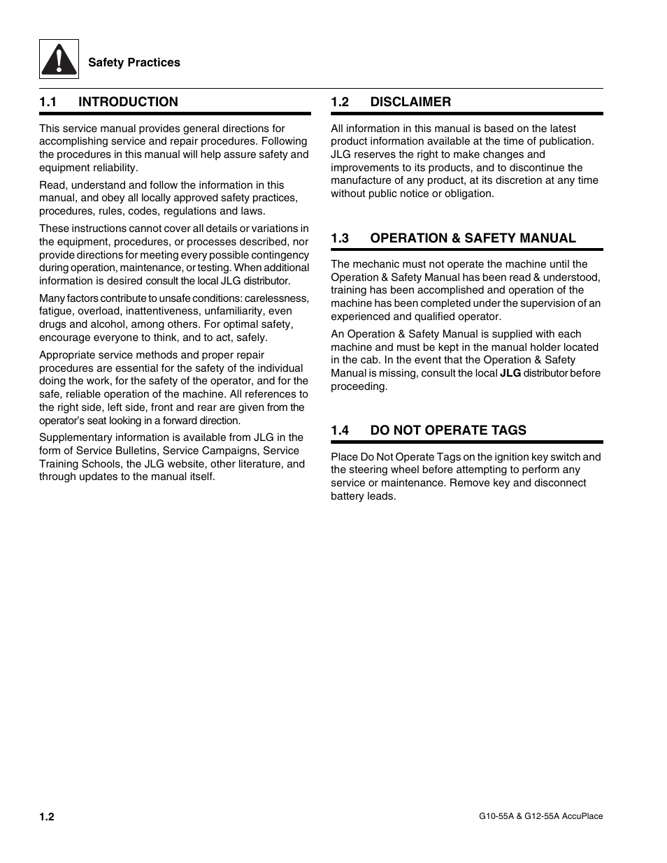 1 introduction, 2 disclaimer, 3 operation & safety manual | 4 do not operate tags, Introduction, Disclaimer, Operation & safety manual, Do not operate tags | JLG G12-55A AccuPlace Service Manual User Manual | Page 8 / 230