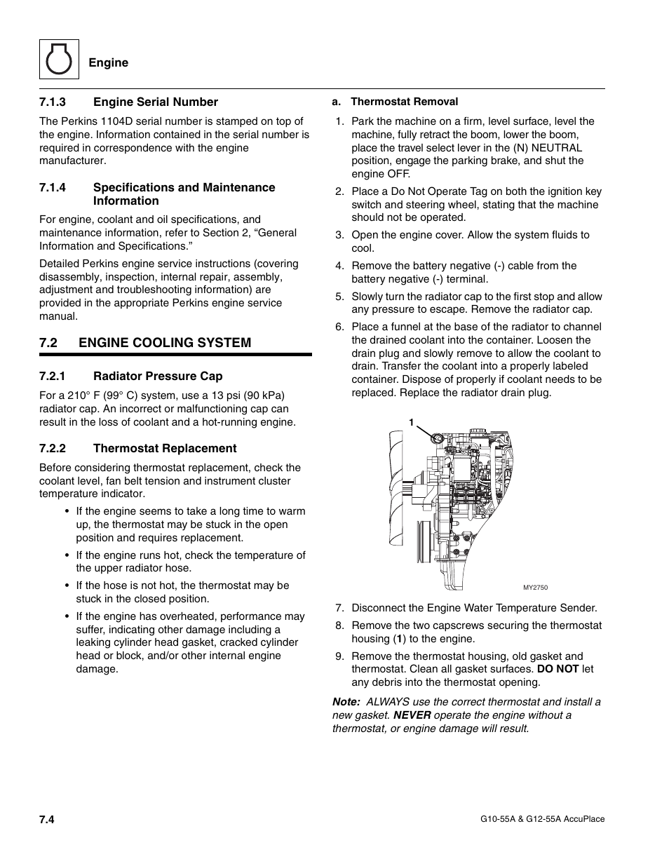 3 engine serial number, 4 specifications and maintenance information, 2 engine cooling system | 1 radiator pressure cap, 2 thermostat replacement, Engine cooling system, To section 7.2.2, “thermostat replacement, Engine serial number, Specifications and maintenance information, Radiator pressure cap | JLG G12-55A AccuPlace Service Manual User Manual | Page 82 / 230