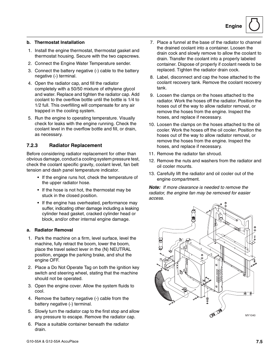 3 radiator replacement, Radiator replacement | JLG G12-55A AccuPlace Service Manual User Manual | Page 83 / 230