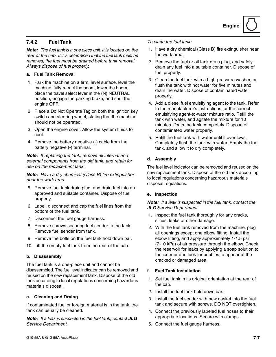 2 fuel tank, Section, 2, “fuel tank | Section 7.4.2, Fuel tank | JLG G12-55A AccuPlace Service Manual User Manual | Page 85 / 230