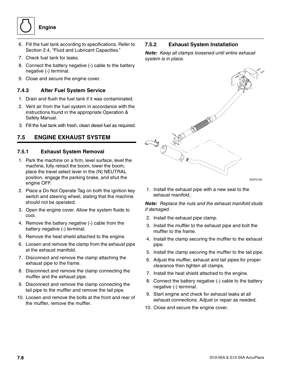 3 after fuel system service, 5 engine exhaust system, 1 exhaust system removal | 2 exhaust system installation, Engine exhaust system, After fuel system service, Exhaust system removal, Exhaust system installation | JLG G12-55A AccuPlace Service Manual User Manual | Page 86 / 230