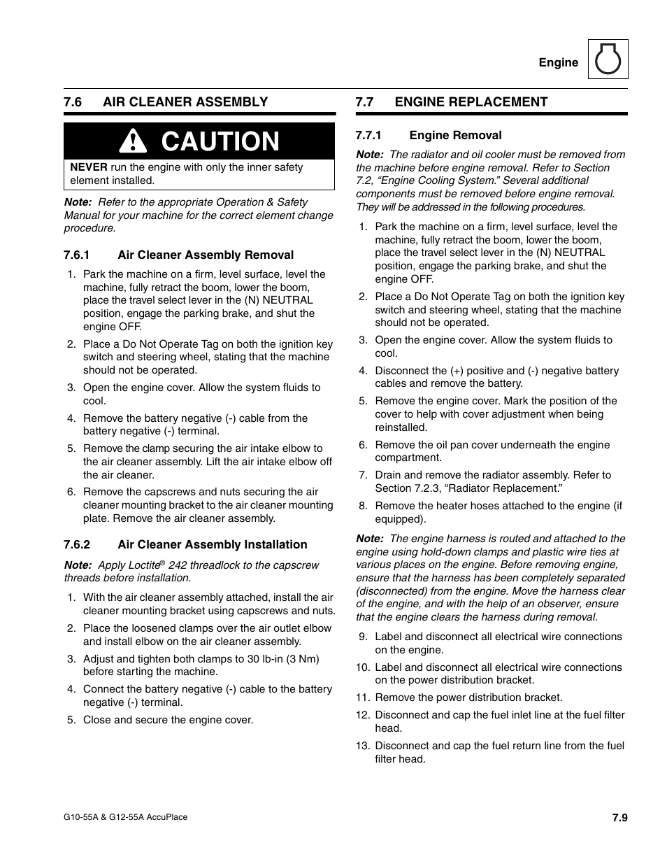 6 air cleaner assembly, 1 air cleaner assembly removal, 2 air cleaner assembly installation | 7 engine replacement, 1 engine removal, Air cleaner assembly, Engine replacement, Air cleaner assembly removal, Air cleaner assembly installation, Engine removal | JLG G12-55A AccuPlace Service Manual User Manual | Page 87 / 230