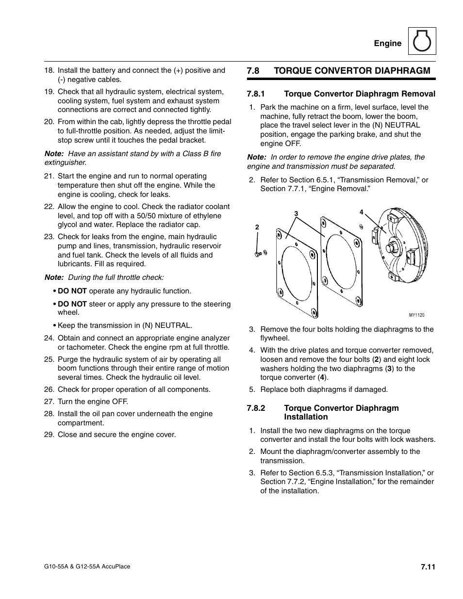 8 torque convertor diaphragm, 1 torque convertor diaphragm removal, 2 torque convertor diaphragm installation | Torque convertor diaphragm, Section 7.8.1, “torque convertor diaphragm removal, Torque convertor diaphragm removal, Torque convertor diaphragm installation | JLG G12-55A AccuPlace Service Manual User Manual | Page 89 / 230