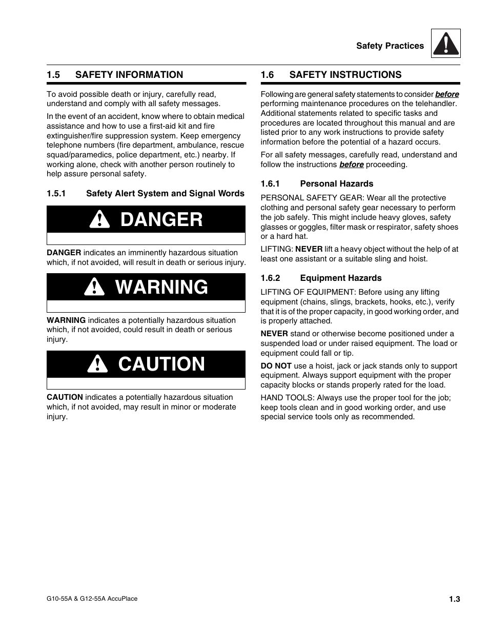 5 safety information, 1 safety alert system and signal words, 6 safety instructions | 1 personal hazards, 2 equipment hazards, Safety information, Safety instructions, Safety alert system and signal words, Personal hazards, Equipment hazards | JLG G12-55A AccuPlace Service Manual User Manual | Page 9 / 230