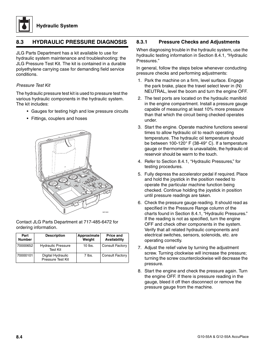 3 hydraulic pressure diagnosis, 1 pressure checks and adjustments, Hydraulic pressure diagnosis | Pressure checks and adjustments | JLG G12-55A AccuPlace Service Manual User Manual | Page 94 / 230