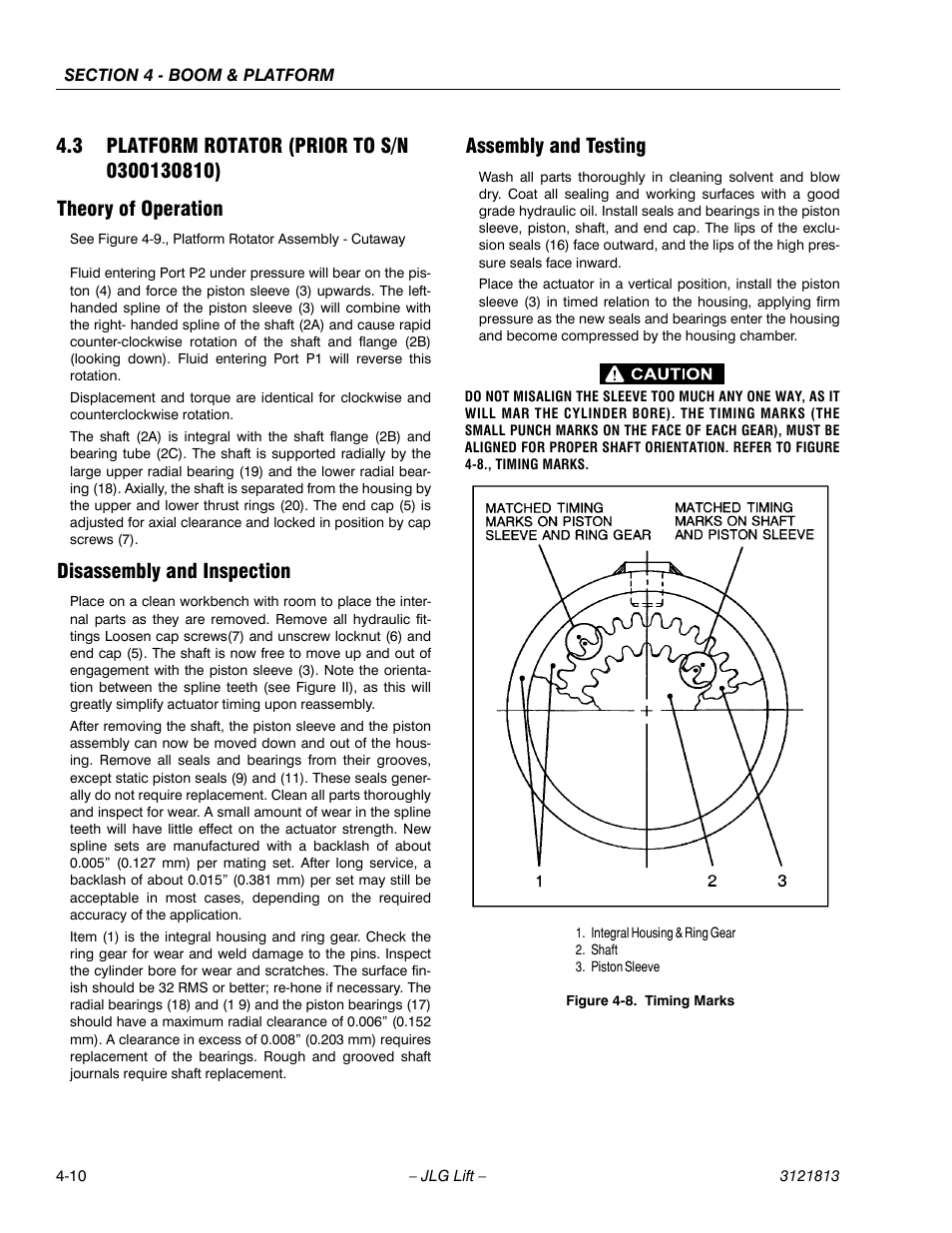 3 platform rotator (prior to s/n 0300130810), Theory of operation, Disassembly and inspection | Assembly and testing, Platform rotator (prior to s/n 0300130810) -10, Timing marks -10 | JLG M600 Service Manual User Manual | Page 120 / 222