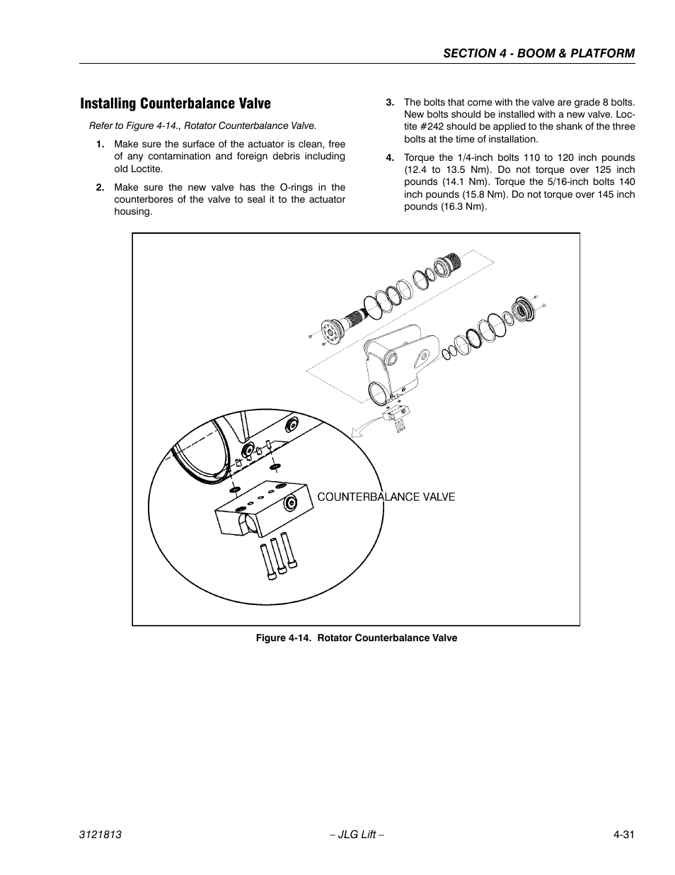 Installing counterbalance valve, Installing counterbalance valve -31, Rotator counterbalance valve -31 | JLG M600 Service Manual User Manual | Page 141 / 222