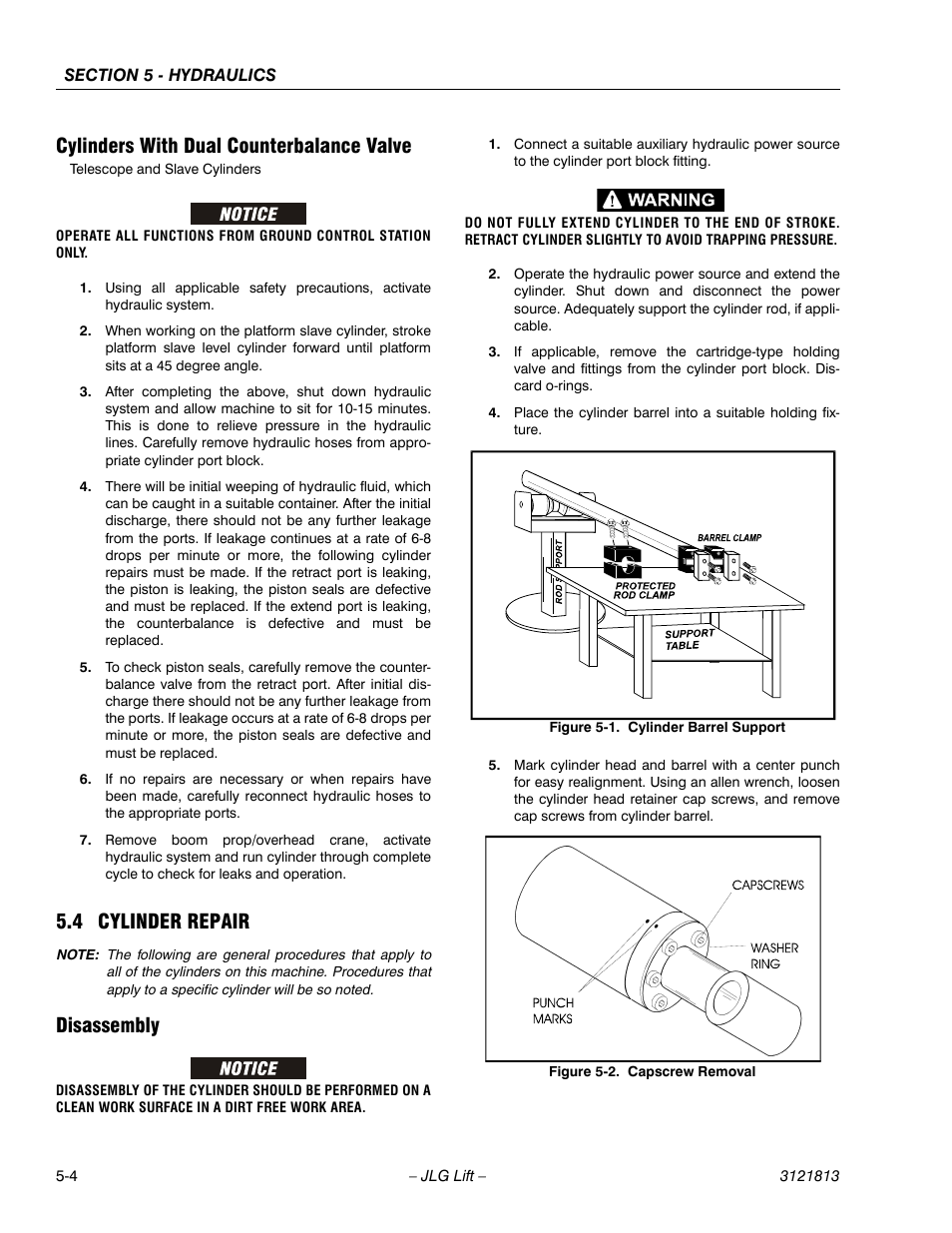 Cylinders with dual counterbalance valve, 4 cylinder repair, Disassembly | Cylinders with dual counterbalance valve -4, Cylinder repair -4, Disassembly -4, Cylinder barrel support -4, Capscrew removal -4 | JLG M600 Service Manual User Manual | Page 148 / 222