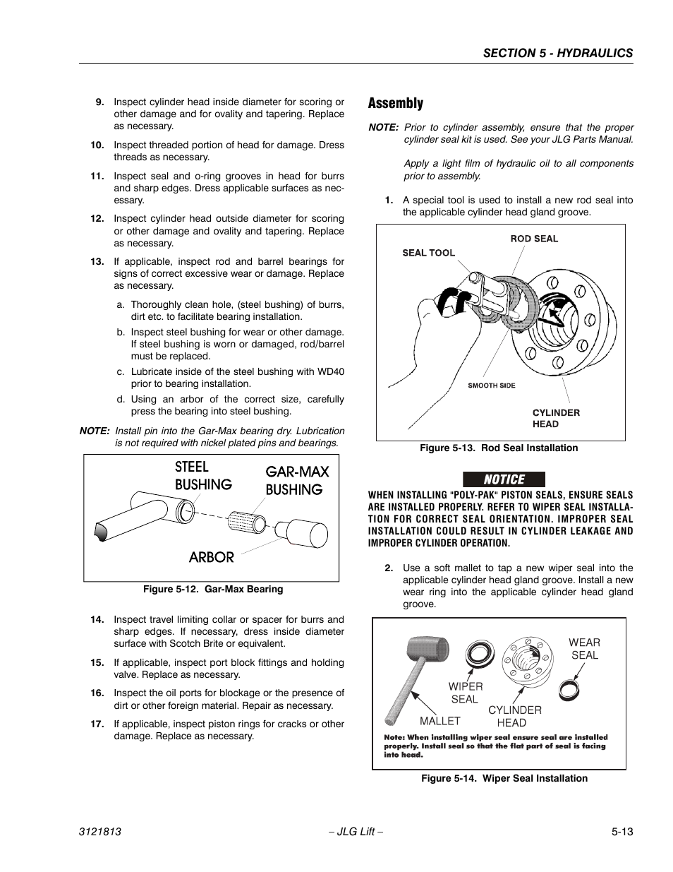 Assembly, Assembly -13, Gar-max bearing installation -13 | Rod seal installation -13, Wiper seal installation -13 | JLG M600 Service Manual User Manual | Page 157 / 222