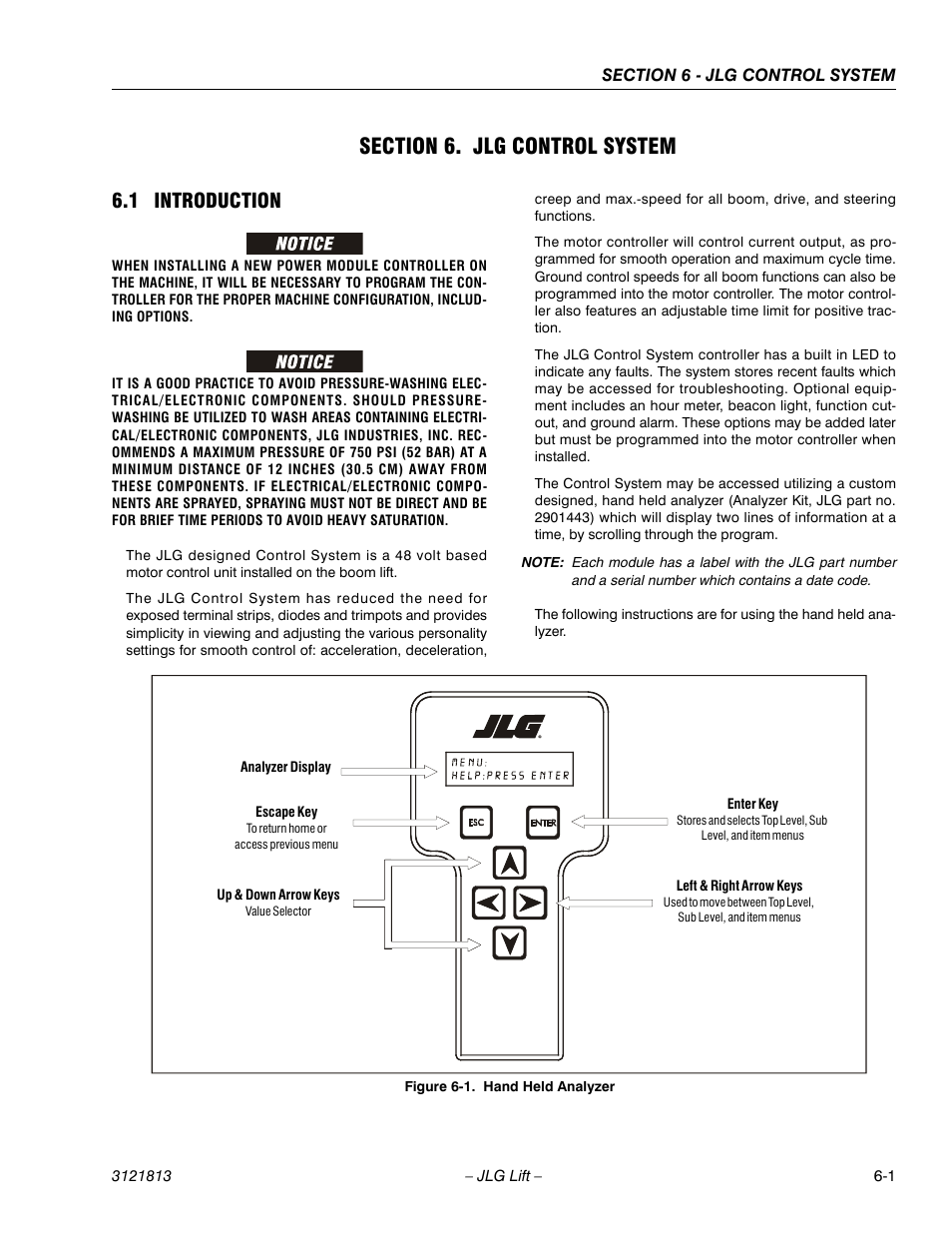 Section 6. jlg control system, 1 introduction, Section 6 - jlg control system | Introduction -1, Hand held analyzer -1 | JLG M600 Service Manual User Manual | Page 167 / 222