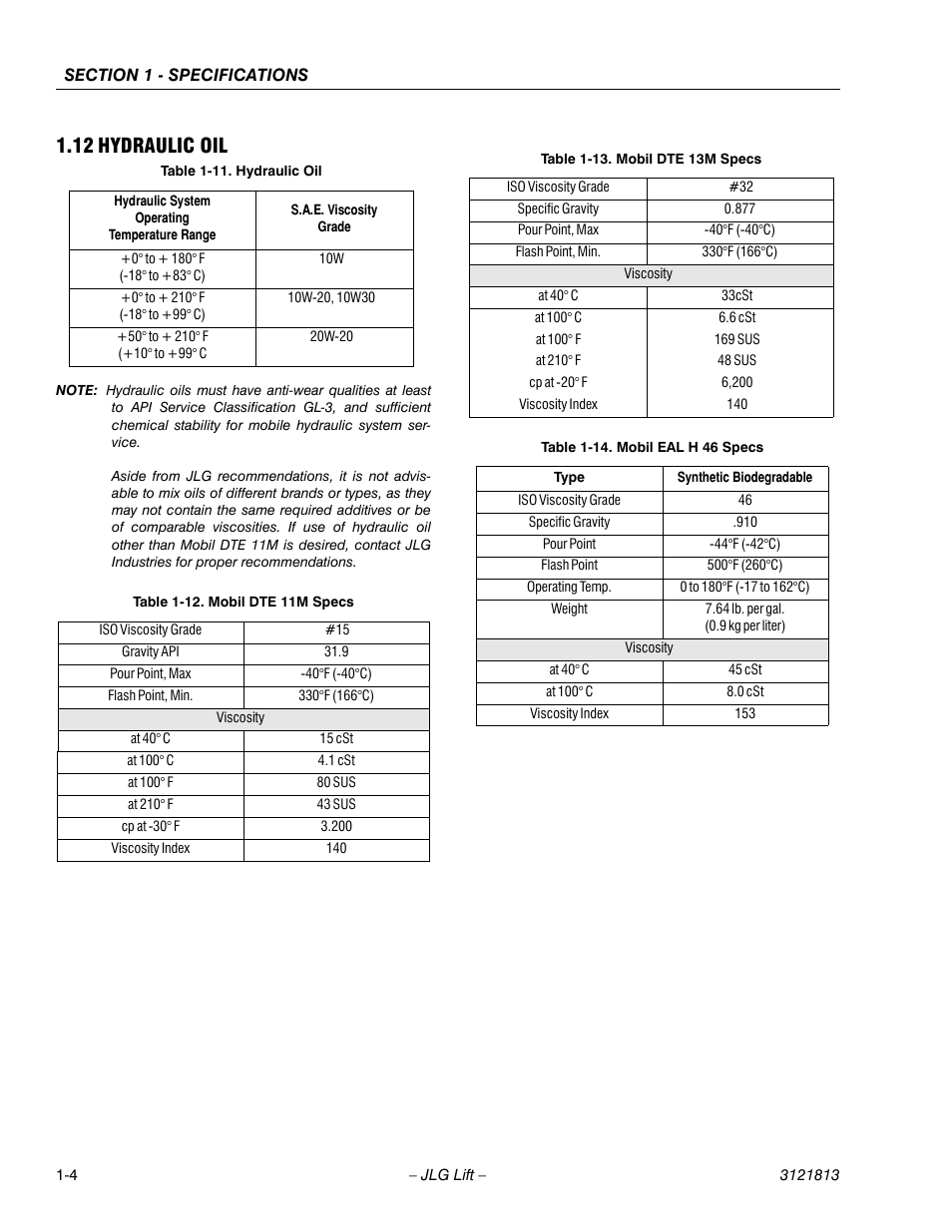 12 hydraulic oil, Hydraulic oil -4, Mobil dte 11m specs -4 | Mobil dte 13m specs -4, Mobil eal h 46 specs -4 | JLG M600 Service Manual User Manual | Page 18 / 222