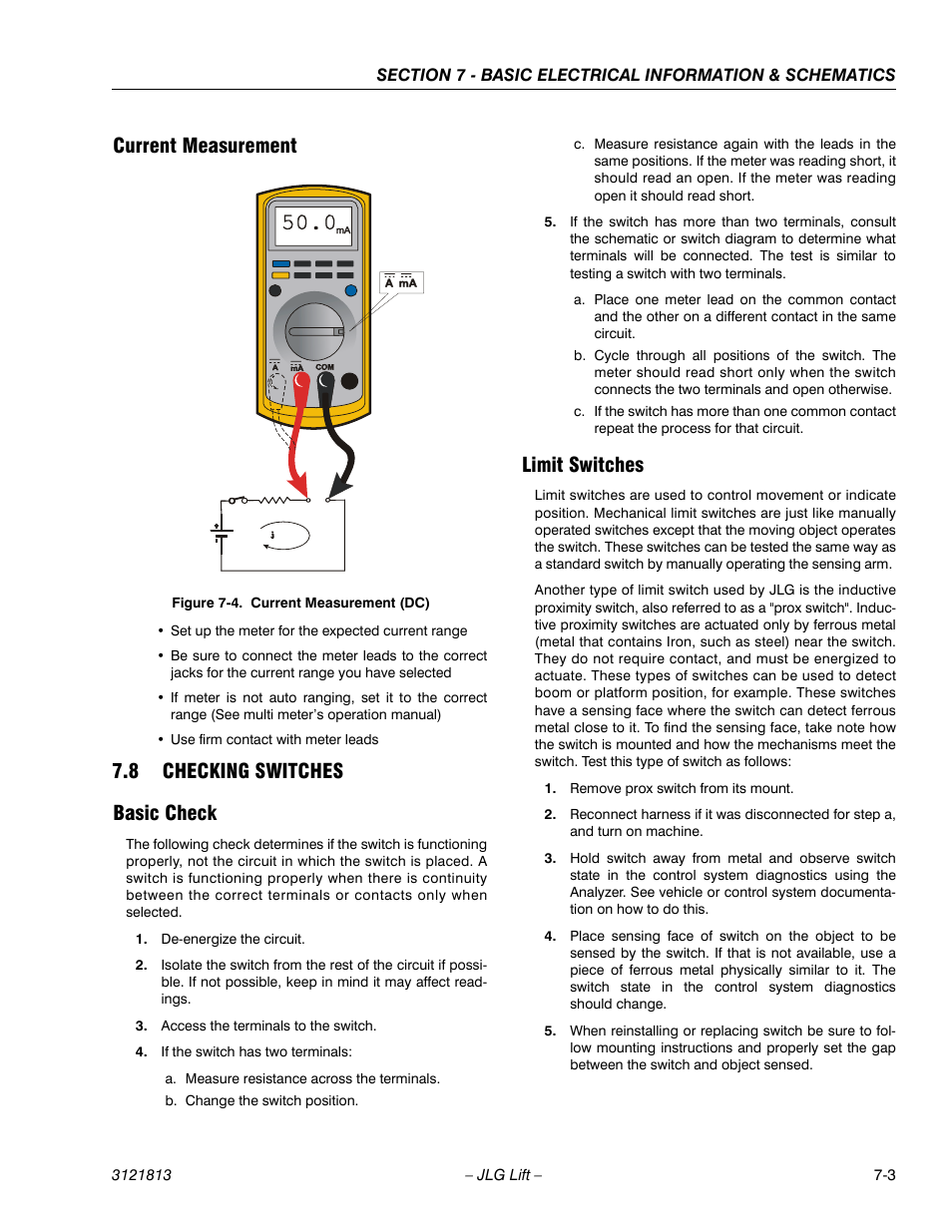 Current measurement, 8 checking switches, Basic check | Limit switches, Current measurement -3, Checking switches -3, Basic check -3 limit switches -3, Current measurement (dc) -3, 8 checking switches basic check | JLG M600 Service Manual User Manual | Page 203 / 222