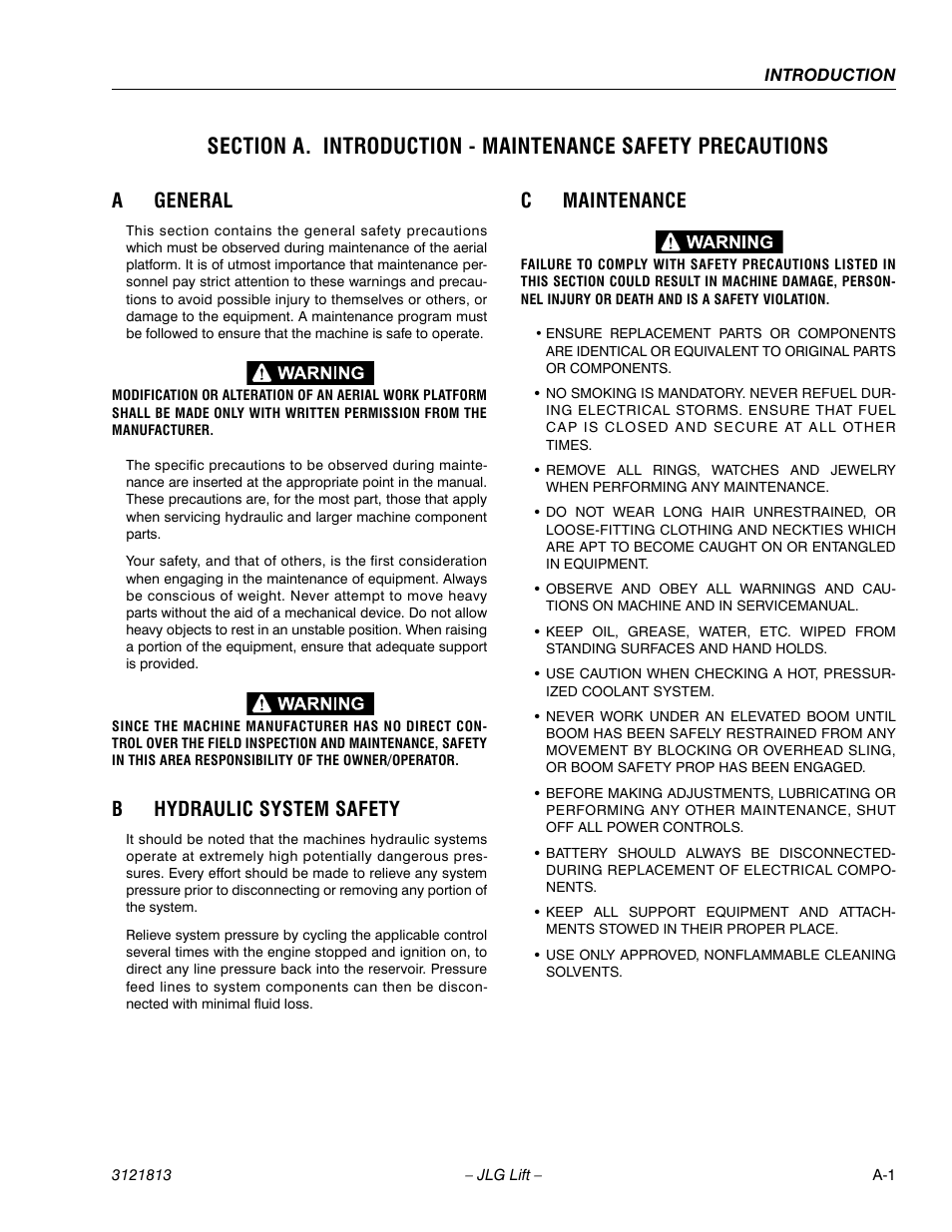 A general, B hydraulic system safety, C maintenance | Ageneral, Bhydraulic system safety, Cmaintenance | JLG M600 Service Manual User Manual | Page 3 / 222