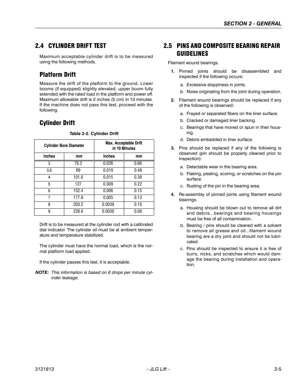 4 cylinder drift test, Platform drift, Cylinder drift | 5 pins and composite bearing repair guidelines, Cylinder drift test -5, Platform drift -5 cylinder drift -5, Pins and composite bearing repair guidelines -5, Cylinder drift -5 | JLG M600 Service Manual User Manual | Page 33 / 222