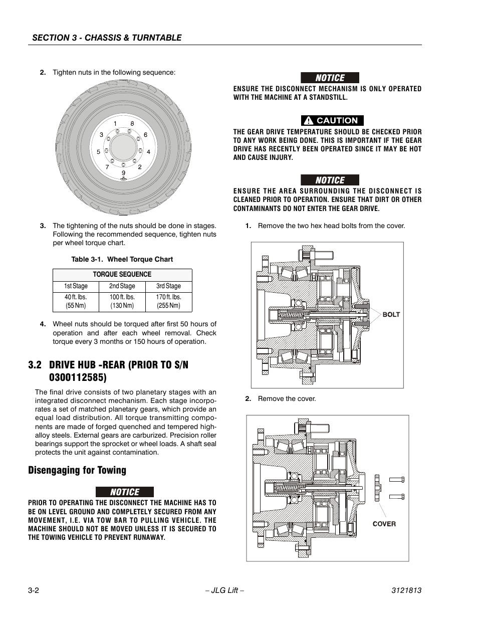 2 drive hub -rear (prior to s/n 0300112585), Disengaging for towing, Drive hub -rear (prior to s/n 0300112585) -2 | Disengaging for towing -2, Wheel torque chart -2 | JLG M600 Service Manual User Manual | Page 40 / 222