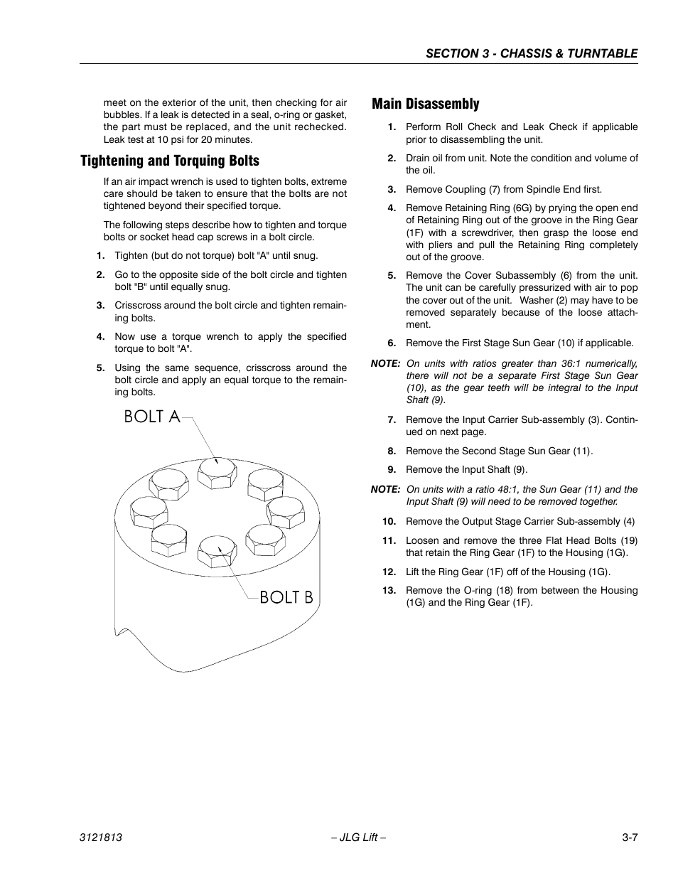 Tightening and torquing bolts, Main disassembly | JLG M600 Service Manual User Manual | Page 45 / 222