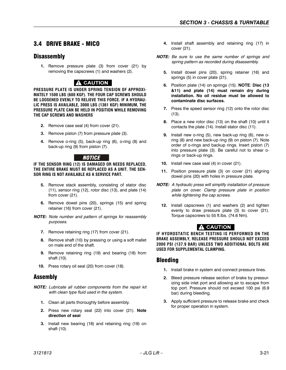 4 drive brake - mico, Disassembly, Assembly | Bleeding, Drive brake - mico -21, Disassembly -21 assembly -21 bleeding -21, 4 drive brake - mico disassembly | JLG M600 Service Manual User Manual | Page 59 / 222