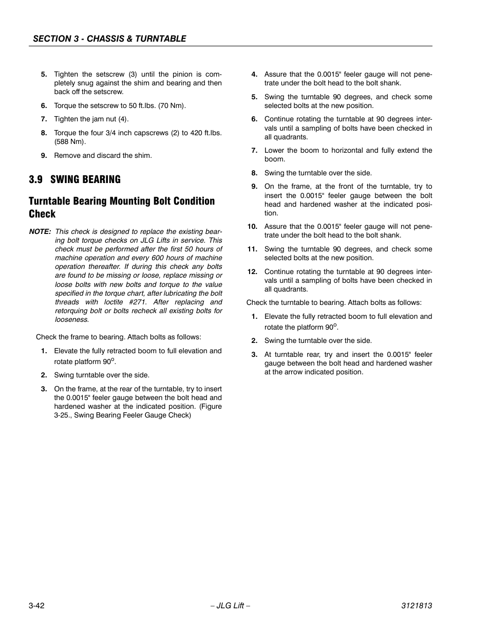 9 swing bearing, Turntable bearing mounting bolt condition check, Swing bearing -42 | JLG M600 Service Manual User Manual | Page 80 / 222