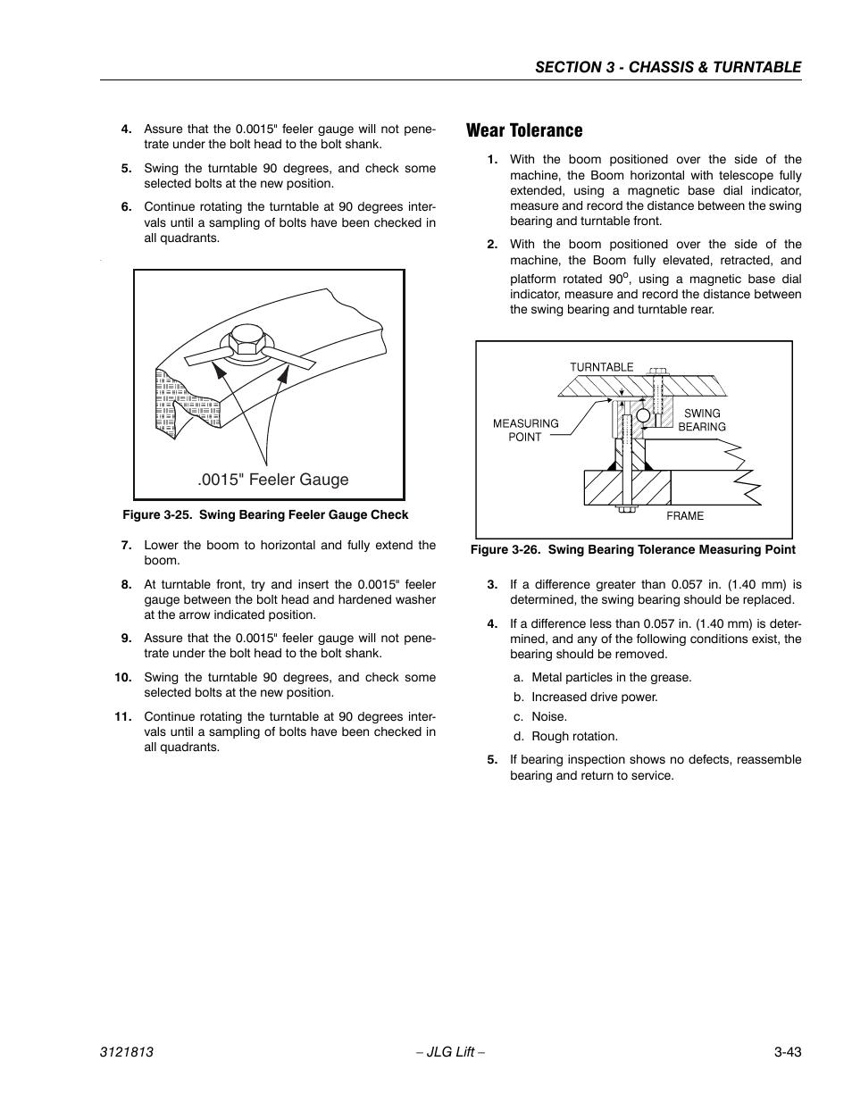 Wear tolerance, Wear tolerance -43, Swing bearing feeler gauge check -43 | Swing bearing tolerance measuring point -43, 0015" feeler gauge | JLG M600 Service Manual User Manual | Page 81 / 222