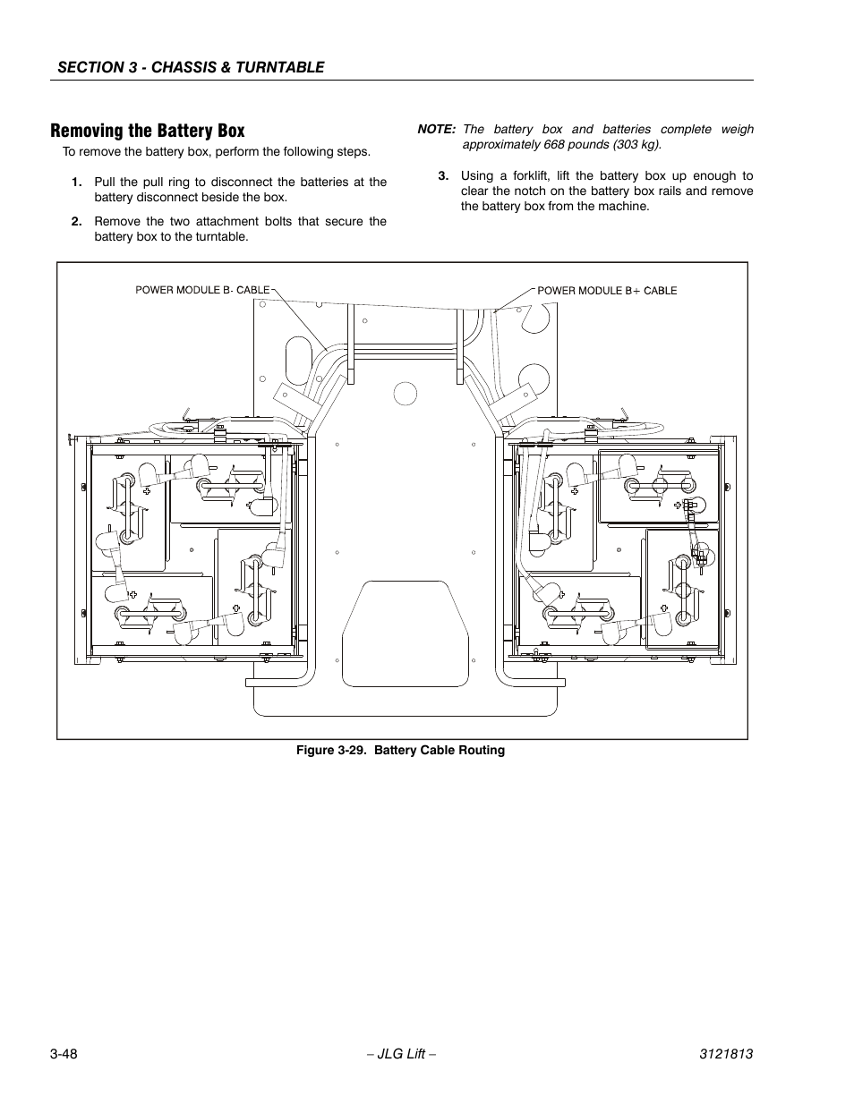 Removing the battery box, Removing the battery box -48, Battery cable routing -48 | JLG M600 Service Manual User Manual | Page 86 / 222