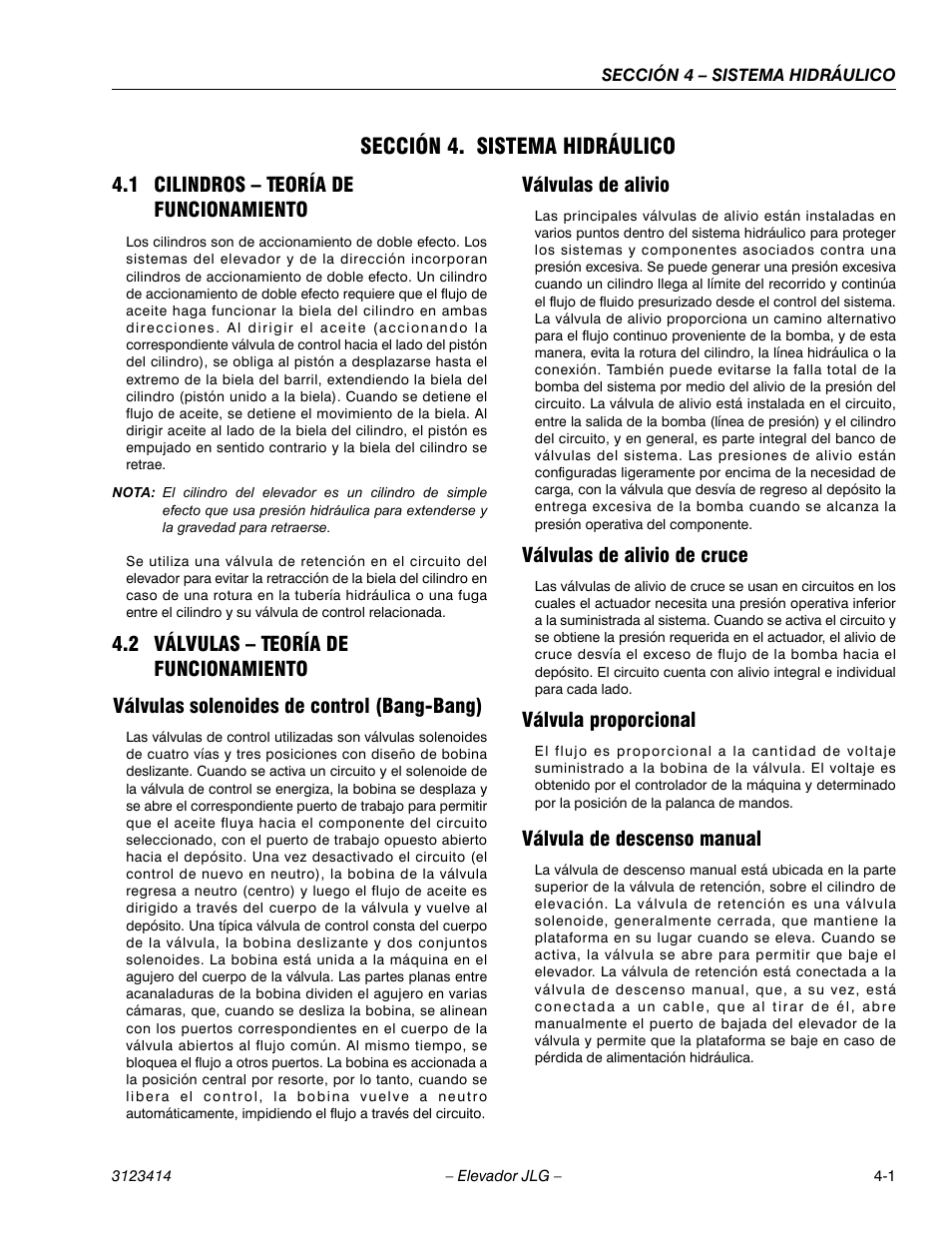 1heading - sección 4. sistema hidráulico, 2heading - 4.2 válvulas – teoría de funcionamiento, 3heading - válvulas de alivio | 3heading - válvulas de alivio de cruce, 3heading - válvula proporcional, 3heading - válvula de descenso manual, Sección 4. sistema hidráulico | JLG 3246ES Service Manual User Manual | Page 103 / 216