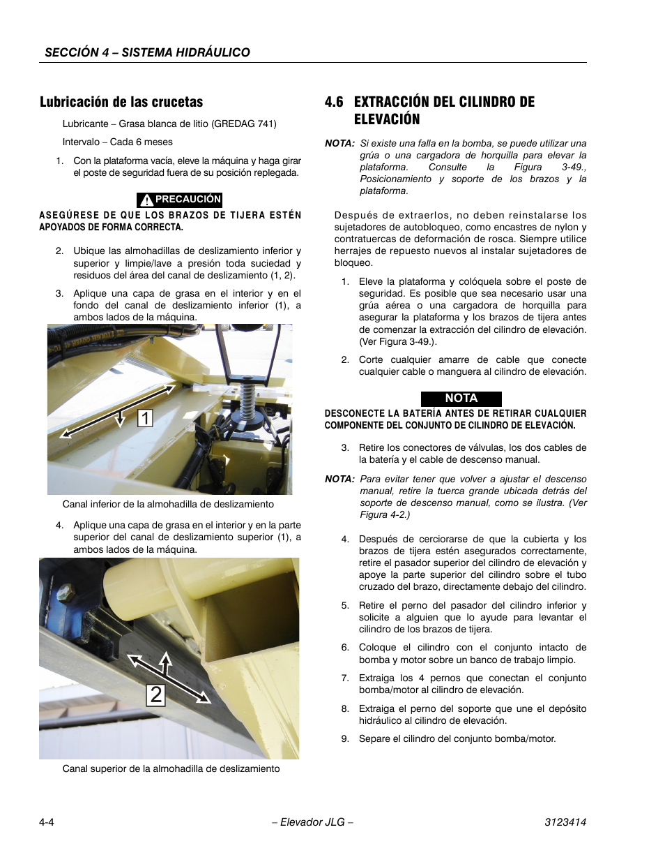 3heading - lubricación de las crucetas, Sulte la sección, 6, extracción del cilindro de elevación) | Lubricación de las crucetas, 6 extracción del cilindro de elevación | JLG 3246ES Service Manual User Manual | Page 106 / 216