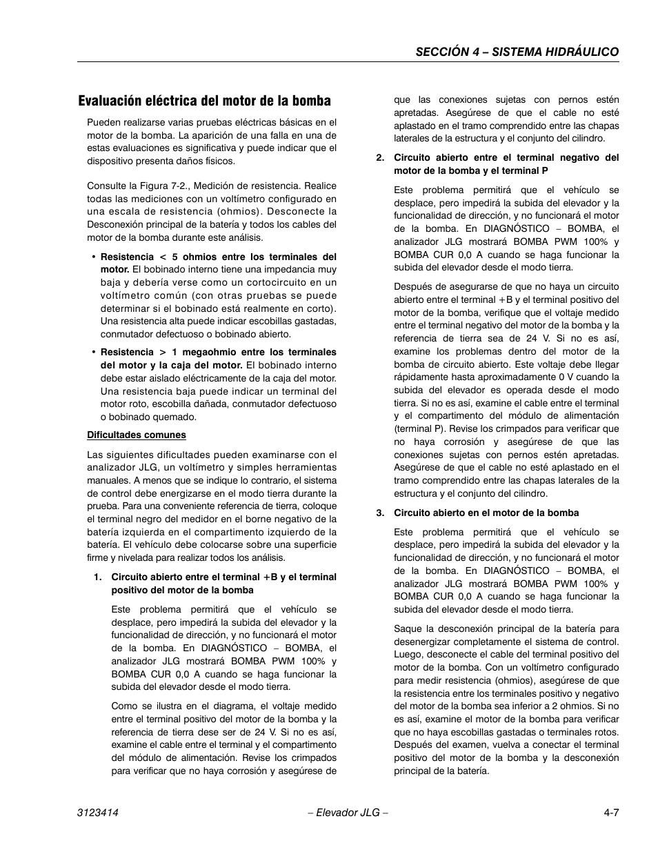 Evaluación eléctrica del motor de la bomba | JLG 3246ES Service Manual User Manual | Page 109 / 216