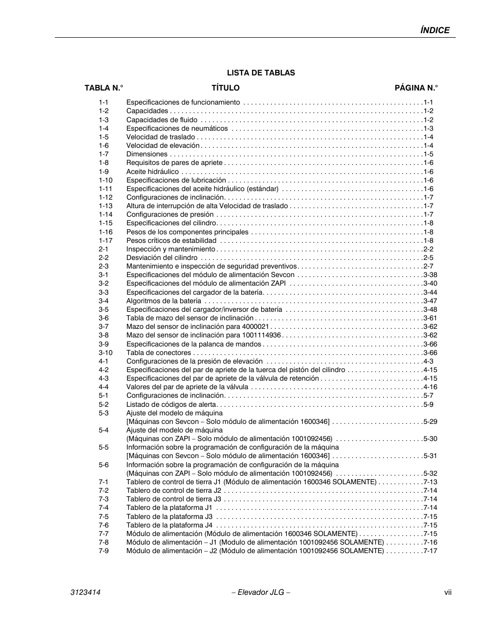 Tabletitlelot - 1-2 capacidades 1-2, Tabletitlelot - 1-3 capacidades de fluido 1-2, Tabletitlelot - 1-5 velocidad de traslado 1-4 | Tabletitlelot - 1-6 velocidad de elevación 1-4, Tabletitlelot - 1-7 dimensiones 1-5, Tabletitlelot - 1-9 aceite hidráulico 1-6, Tabletitlelot - 2-1 inspección y mantenimiento 2-2, Tabletitlelot - 2-2 desviación del cilindro 2-5, Tabletitlelot - 3-4 algoritmos de la batería 3-47, Tabletitlelot - 3-10 tabla de conectores 3-66 | JLG 3246ES Service Manual User Manual | Page 11 / 216