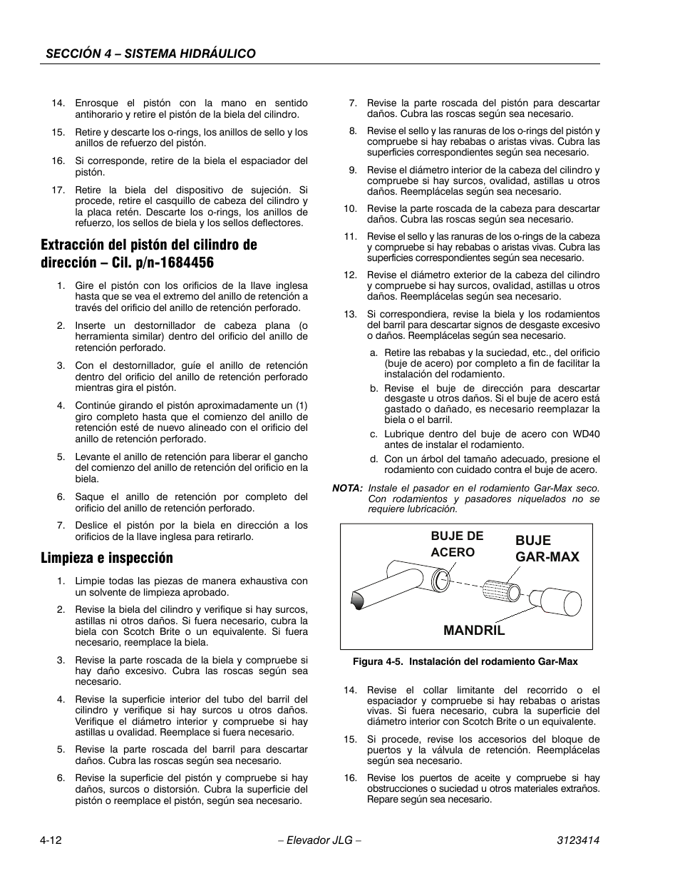 3heading - limpieza e inspección, Instalación del rodamiento gar-max -12, Limpieza e inspección | Buje gar-max mandril | JLG 3246ES Service Manual User Manual | Page 114 / 216