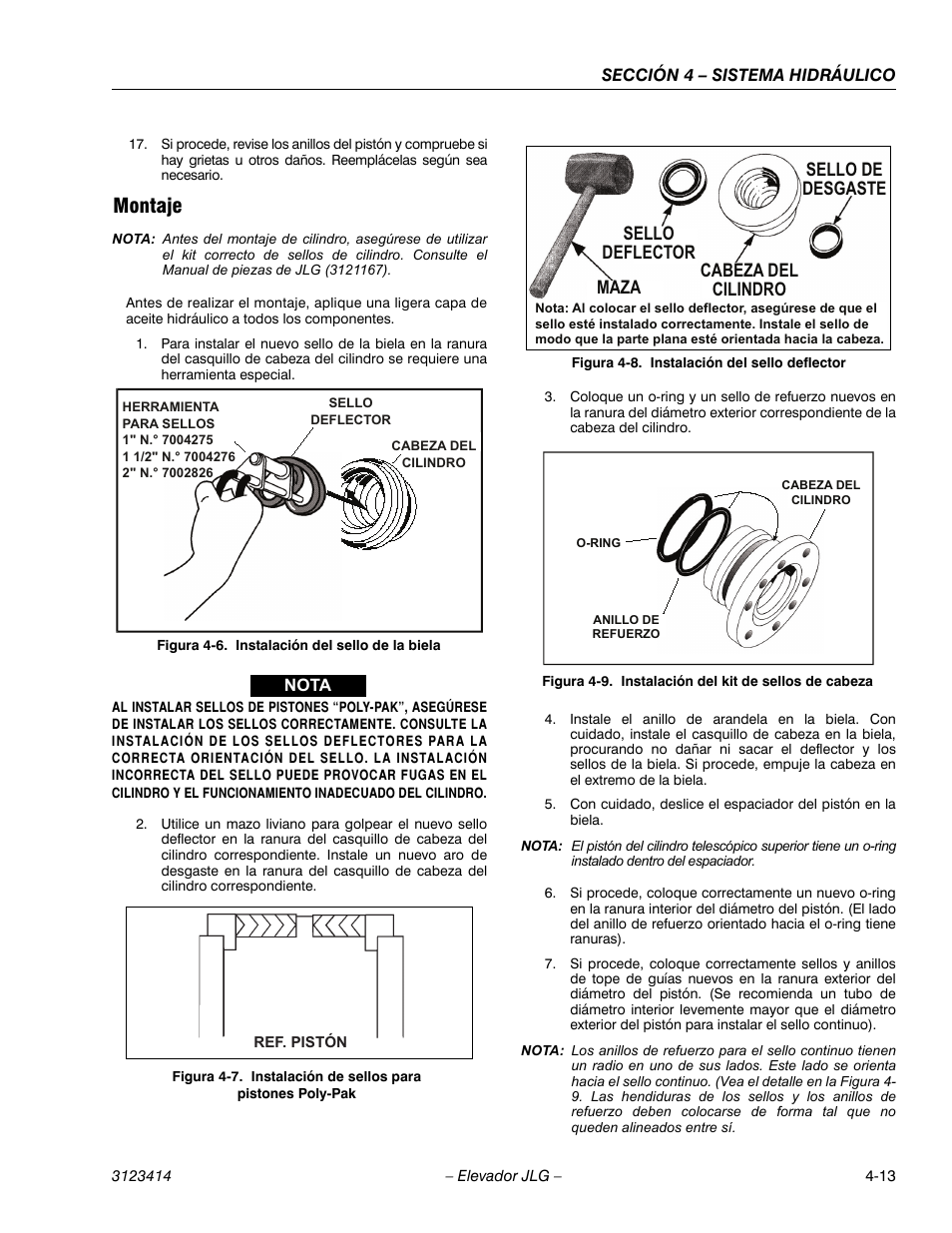 3heading - montaje, Instalación del sello de la biela -13, Instalación de sellos para pistones poly-pak -13 | Instalación del sello deflector -13, Instalación del kit de sellos de cabeza -13, Montaje | JLG 3246ES Service Manual User Manual | Page 115 / 216