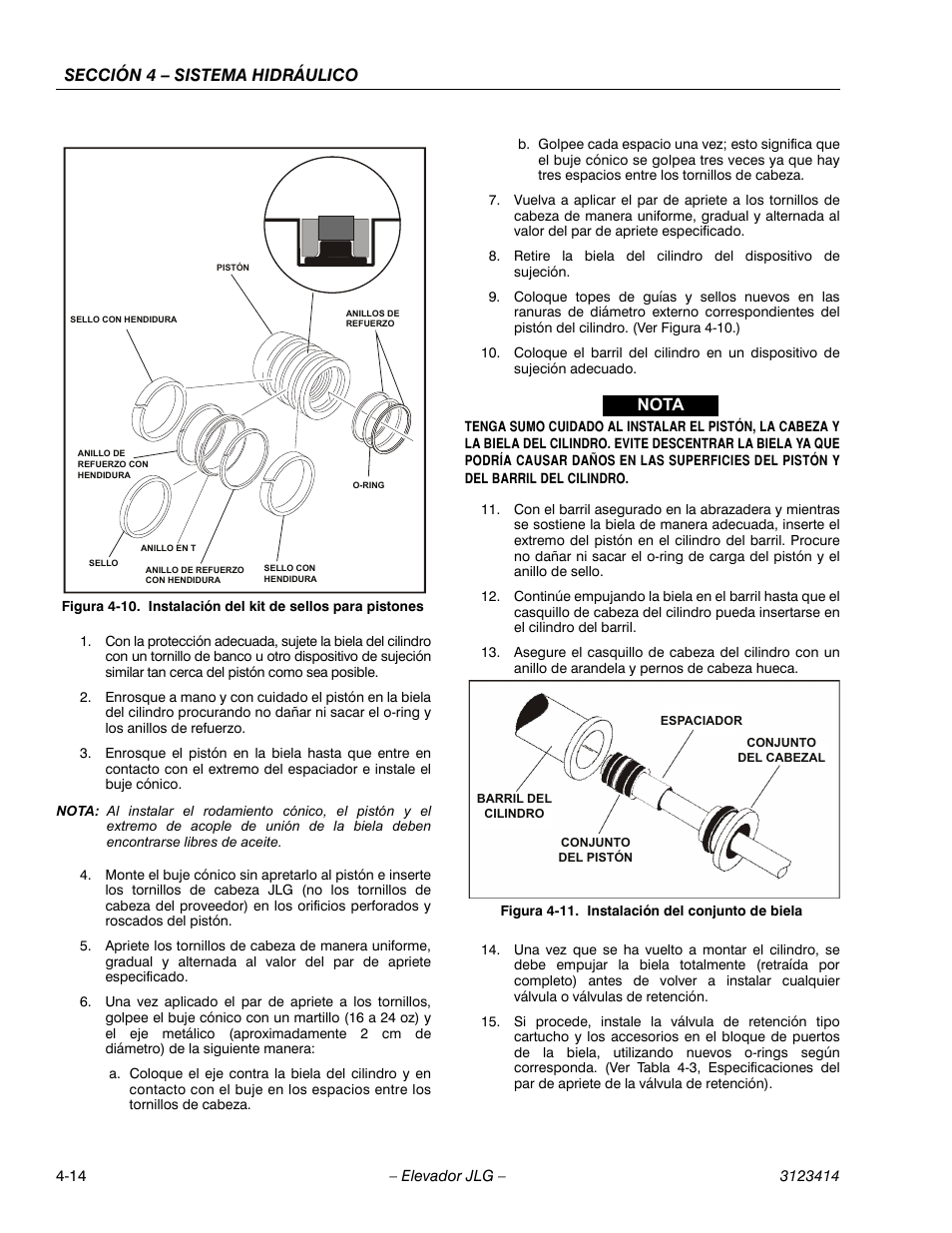 Instalación del kit de sellos para pistones -14, Instalación del conjunto de biela -14, Sección 4 – sistema hidráulico | Nota | JLG 3246ES Service Manual User Manual | Page 116 / 216