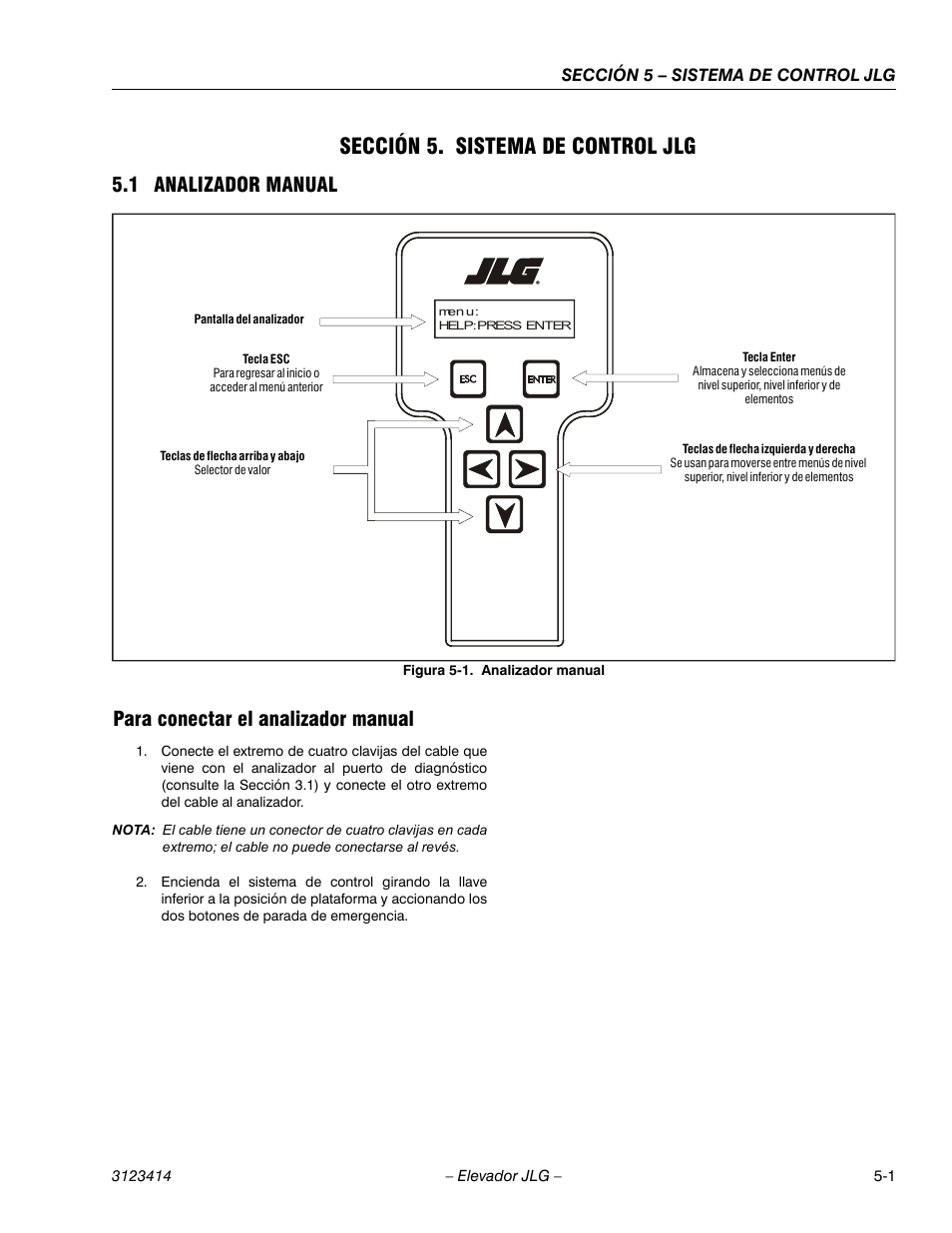 1heading - sección 5. sistema de control jlg, 2heading - 5.1 analizador manual, Figureno - figura 5-1. analizador manual | 3heading - para conectar el analizador manual, Analizador manual -1, Sección 5. sistema de control jlg | JLG 3246ES Service Manual User Manual | Page 121 / 216