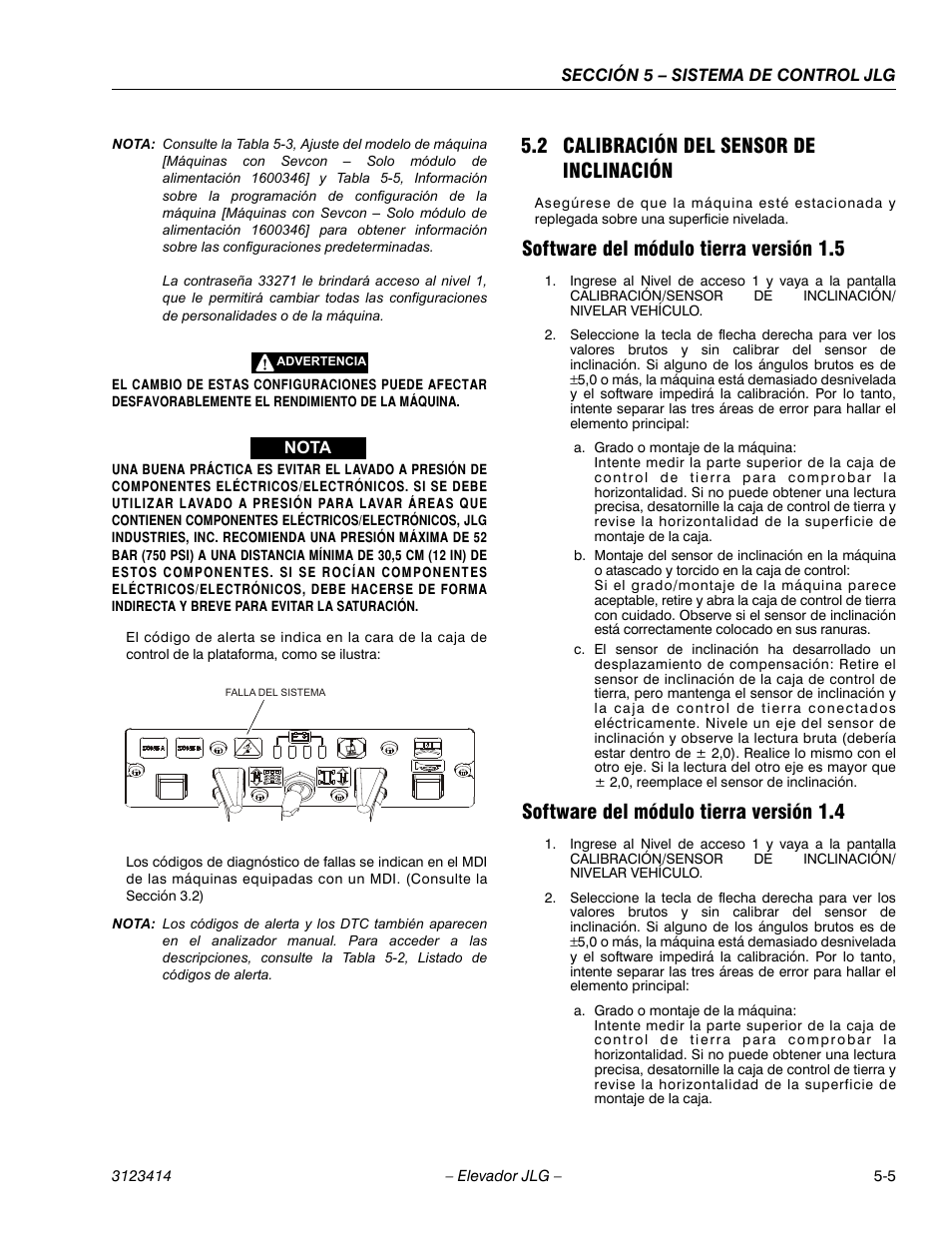 3heading - software del módulo tierra versión 1.5, 3heading - software del módulo tierra versión 1.4, 2 calibración del sensor de inclinación | Software del módulo tierra versión 1.5, Software del módulo tierra versión 1.4 | JLG 3246ES Service Manual User Manual | Page 125 / 216