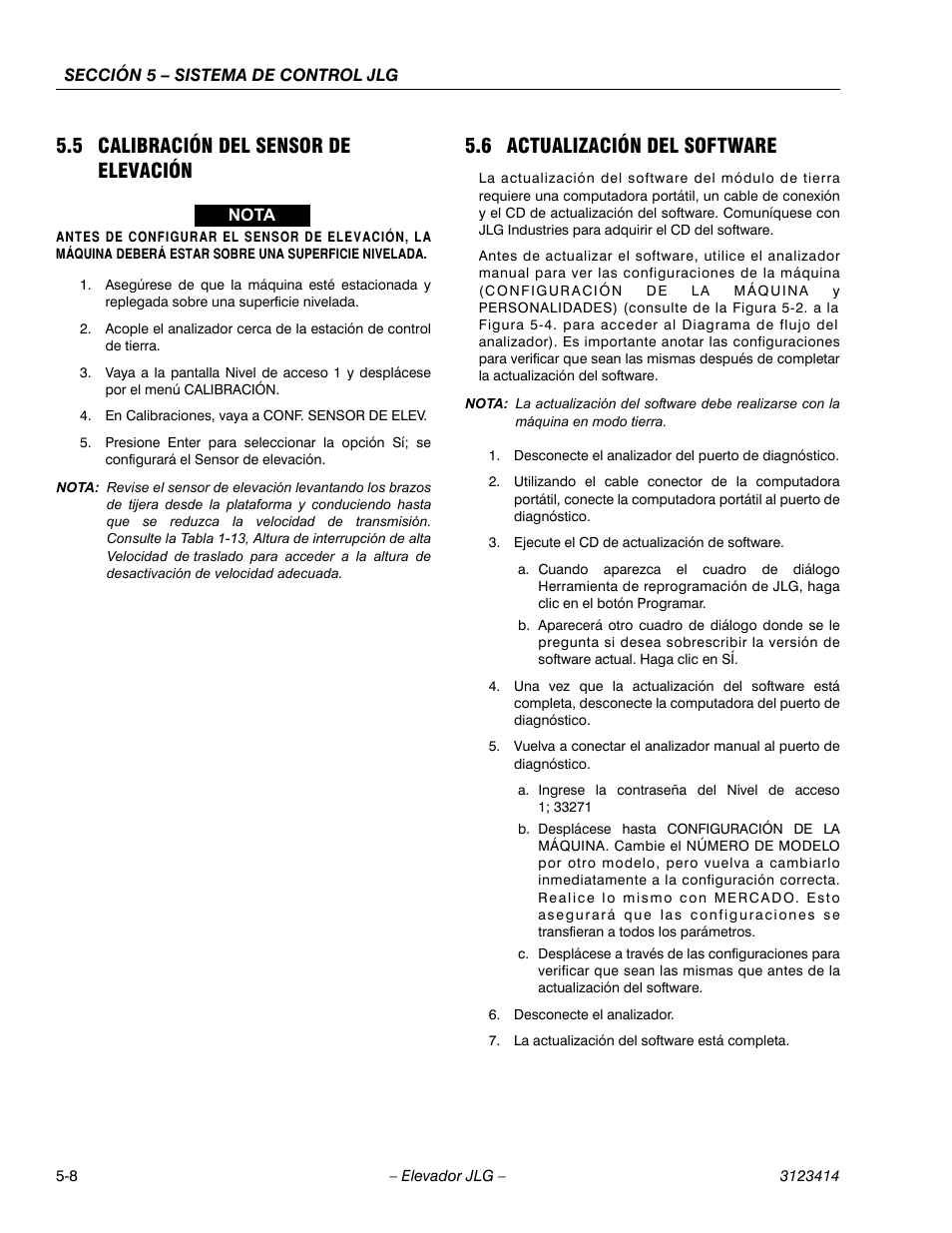 2heading - 5.5 calibración del sensor de elevación, 2heading - 5.6 actualización del software, 5 calibración del sensor de elevación | 6 actualización del software | JLG 3246ES Service Manual User Manual | Page 128 / 216