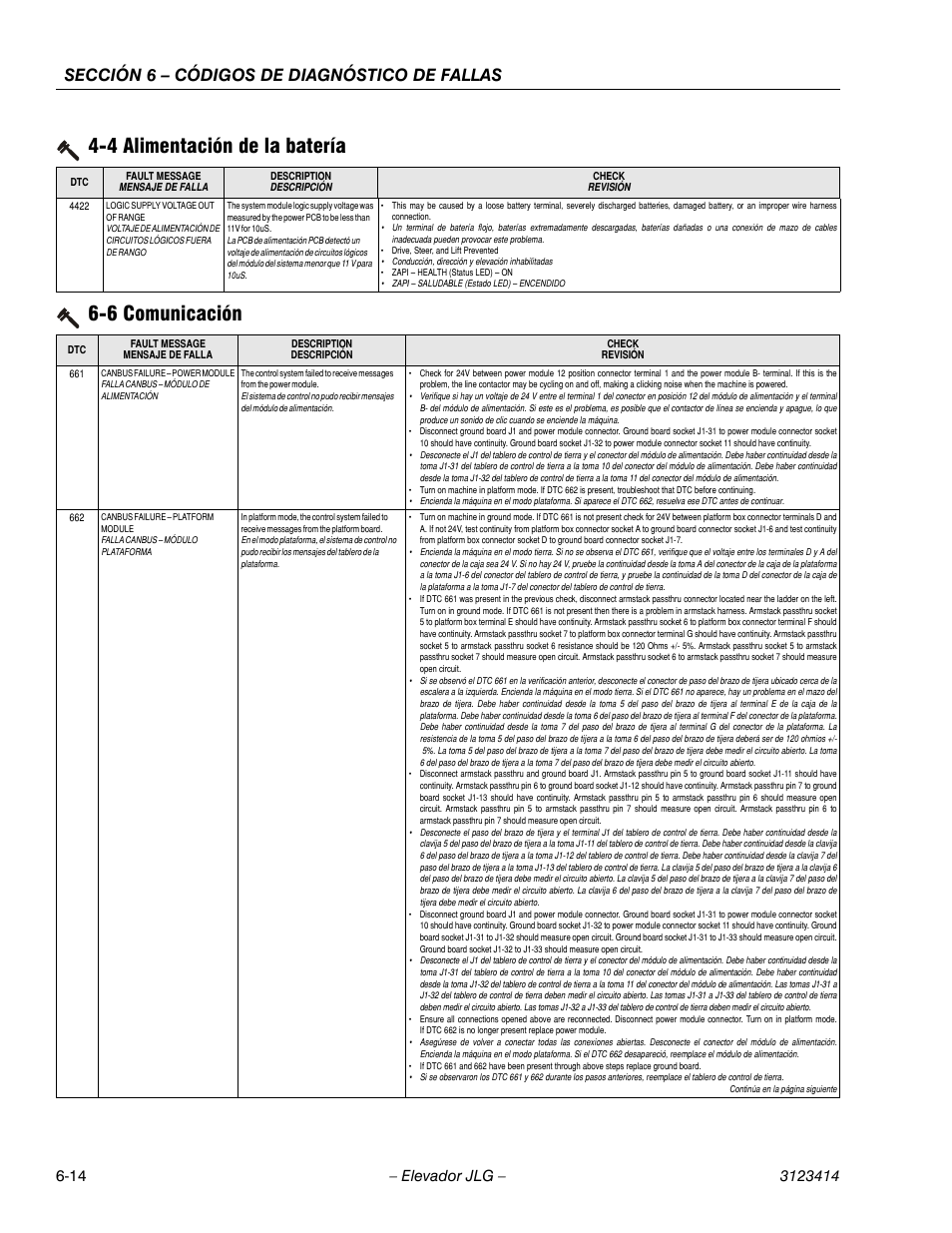 Cellcenter - 4422, 3heading - 6-6 comunicación, Cellcenter - 661 | Cellcenter - 662, 661 falla canbus – módulo de alimentación -14, 662 falla canbus – módulo plataforma -14, 6 comunicación, 4 alimentación de la batería, Sección 6 – códigos de diagnóstico de fallas | JLG 3246ES Service Manual User Manual | Page 166 / 216