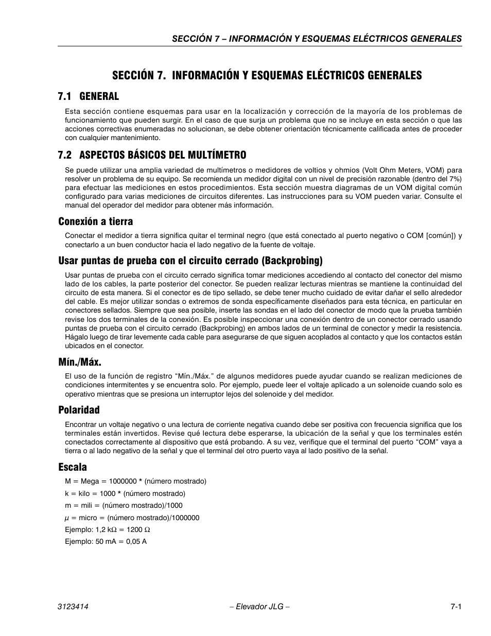 2heading - 7.1 general, 2heading - 7.2 aspectos básicos del multímetro, 3heading - conexión a tierra | 3heading - mín./máx, 3heading - polaridad, 3heading - escala | JLG 3246ES Service Manual User Manual | Page 173 / 216