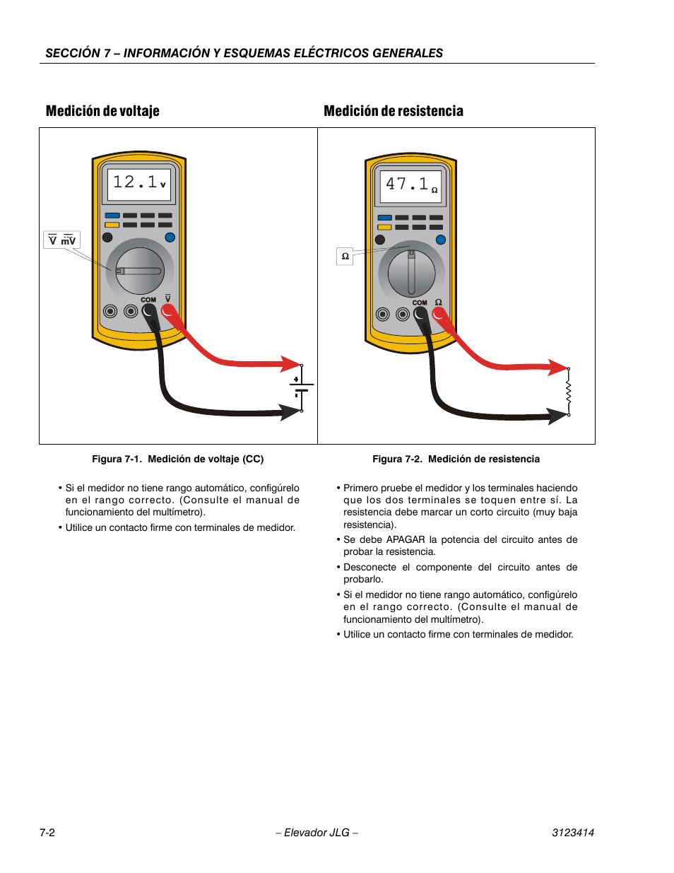 Figureno - figura 7-1. medición de voltaje (cc), Figureno - figura 7-2. medición de resistencia, Medición de voltaje (cc) -2 | Medición de resistencia -2, Medición de voltaje medición de resistencia | JLG 3246ES Service Manual User Manual | Page 174 / 216