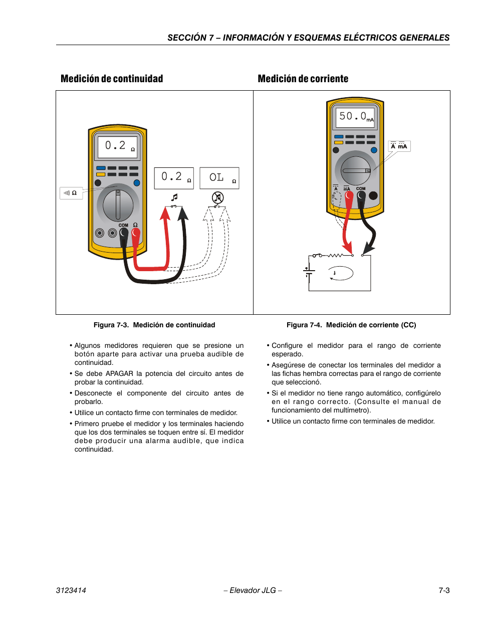 Figureno - figura 7-3. medición de continuidad, Figureno - figura 7-4. medición de corriente (cc), Medición de continuidad -3 | Medición de corriente (cc) -3, Medición de continuidad medición de corriente | JLG 3246ES Service Manual User Manual | Page 175 / 216