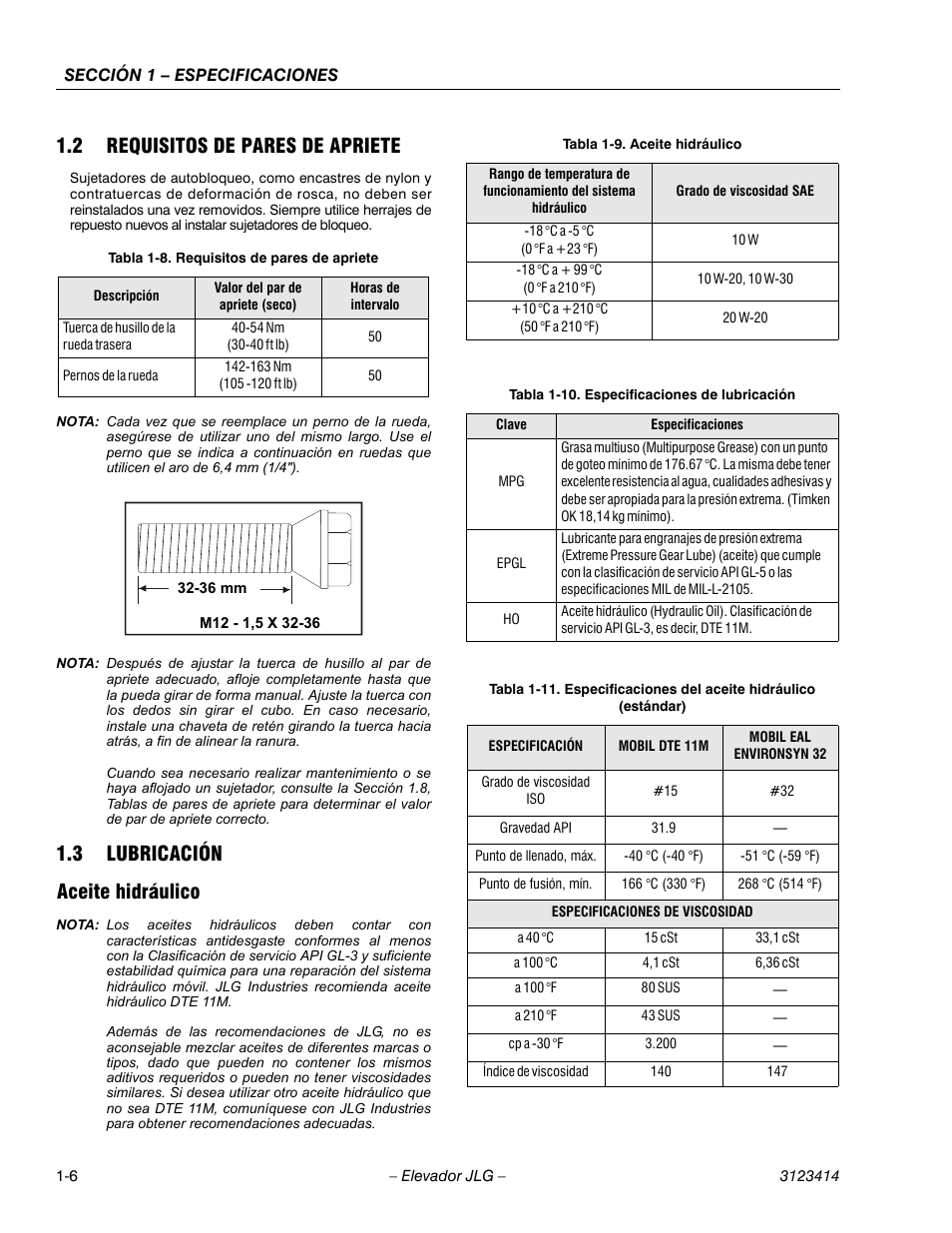 2heading - 1.2 requisitos de pares de apriete, Cellcenter - 40-54 nm, Cellcenter - (30-40 ft lb) | Cellcenter - 50, Cellcenter - 142-163 nm, Cellcenter - (105 -120 ft lb), 2heading - 1.3 lubricación, 3heading - aceite hidráulico, Tabletitle - tabla 1-9. aceite hidráulico, Cellcenter °c a -5 °c | JLG 3246ES Service Manual User Manual | Page 18 / 216