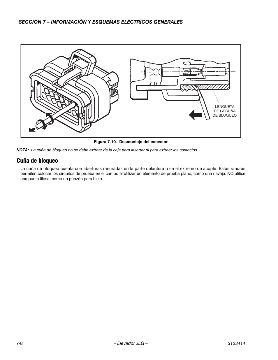 Figureno - figura 7-10. desmontaje del conector, 3heading - cuña de bloqueo, Desmontaje del conector -8 | Cuña de bloqueo | JLG 3246ES Service Manual User Manual | Page 180 / 216