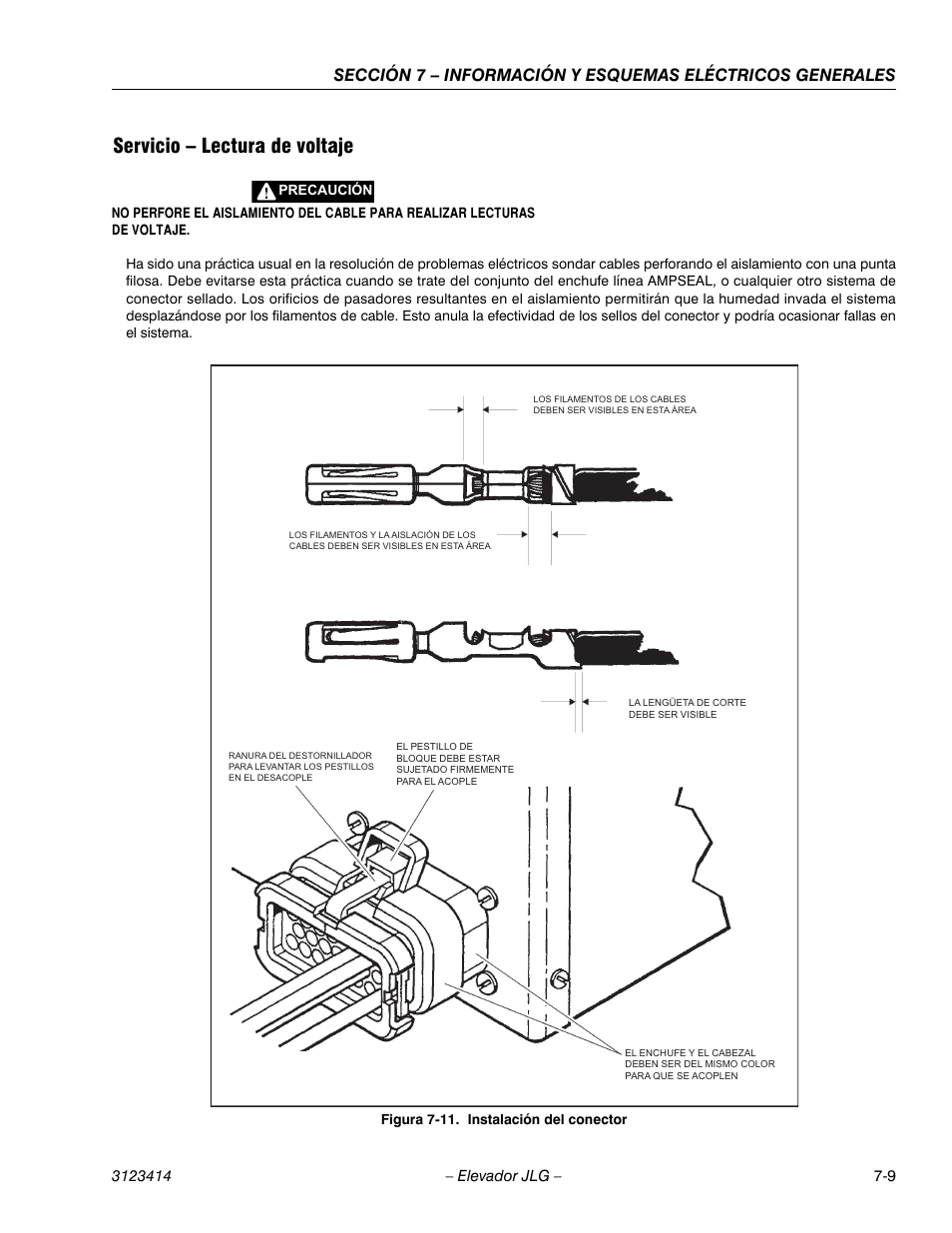 3heading - servicio – lectura de voltaje, Figureno - figura 7-11. instalación del conector, Instalación del conector -9 | Servicio – lectura de voltaje | JLG 3246ES Service Manual User Manual | Page 181 / 216