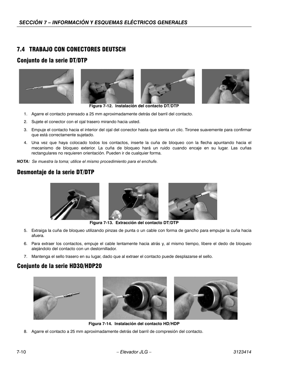 2heading - 7.4 trabajo con conectores deutsch, 3heading - conjunto de la serie dt/dtp, 3heading - desmontaje de la serie dt/dtp | 3heading - conjunto de la serie hd30/hdp20, Instalación del contacto dt/dtp -10, Extracción del contacto dt/dtp -10, Instalación del contacto hd/hdp -10, Desmontaje de la serie dt/dtp, Conjunto de la serie hd30/hdp20 | JLG 3246ES Service Manual User Manual | Page 182 / 216