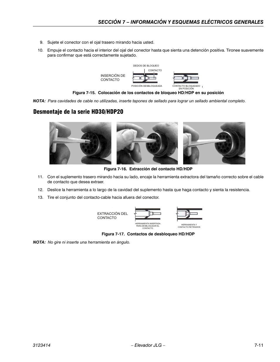 3heading - desmontaje de la serie hd30/hdp20, Extracción del contacto hd/hdp -11, Contactos de desbloqueo hd/hdp -11 | Desmontaje de la serie hd30/hdp20 | JLG 3246ES Service Manual User Manual | Page 183 / 216