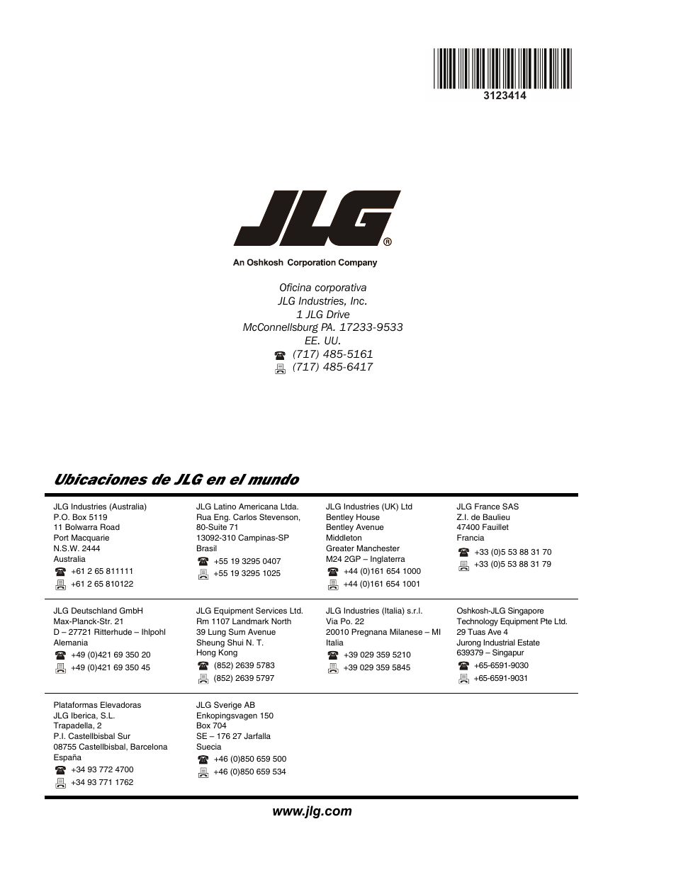 Ubicaciones de jlg en el mundo | JLG 3246ES Service Manual User Manual | Page 216 / 216