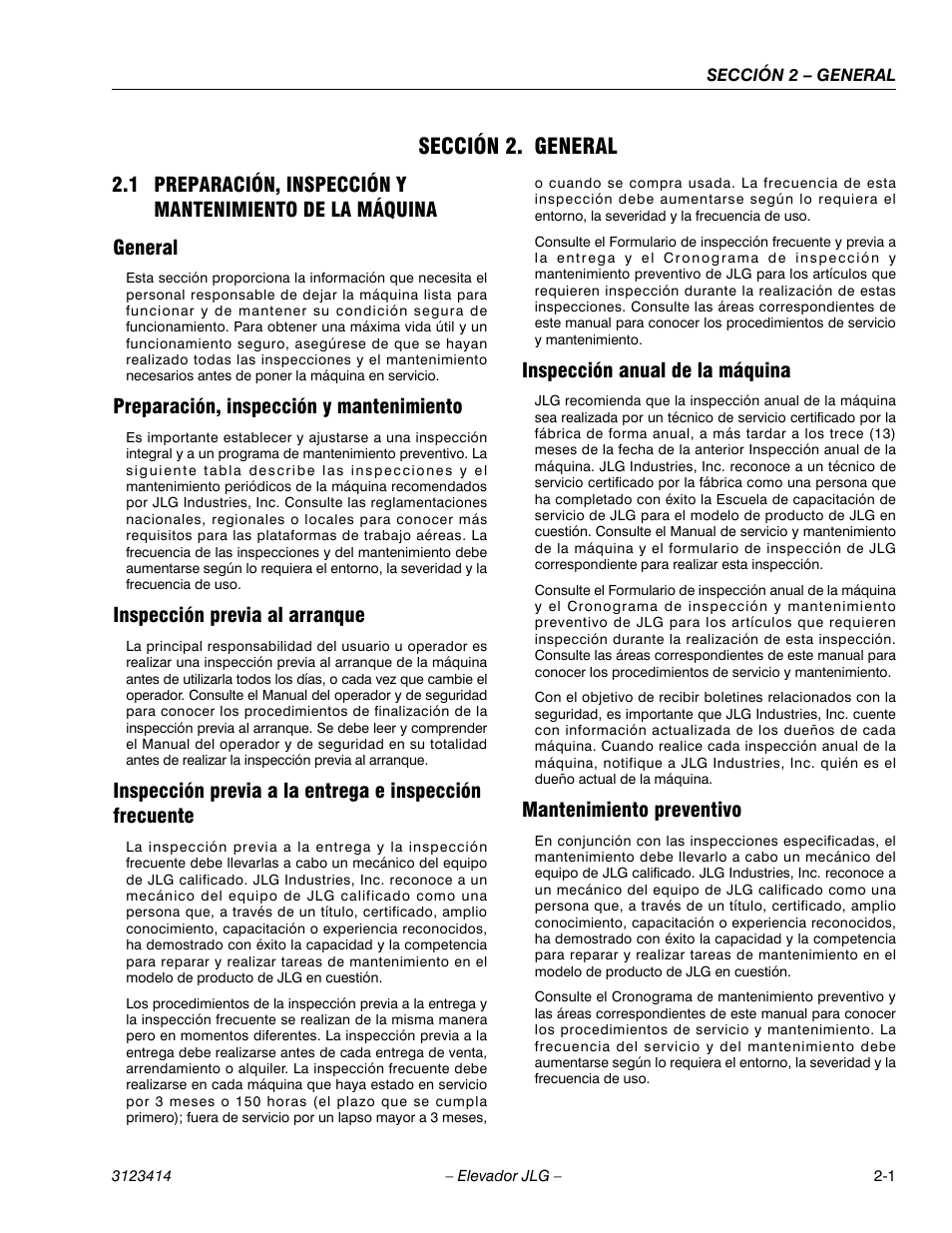 1heading - sección 2. general, 3heading - general, 3heading - preparación, inspección y mantenimiento | 3heading - inspección previa al arranque, 3heading - inspección anual de la máquina, 3heading - mantenimiento preventivo, Sección 2. general, Preparación, inspección y mantenimiento, Inspección previa al arranque, Inspección anual de la máquina | JLG 3246ES Service Manual User Manual | Page 29 / 216